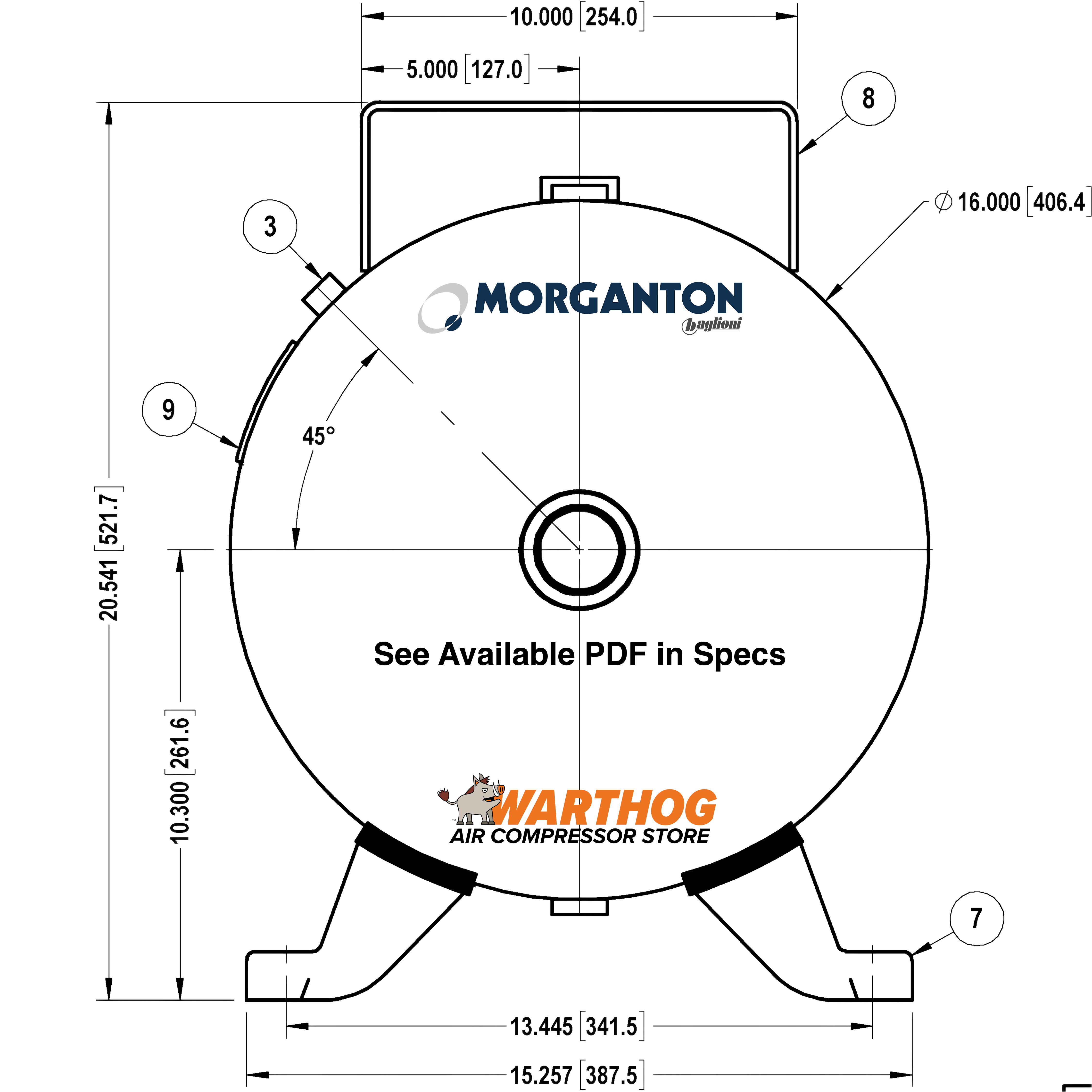 30 Gallon 200 PSI Horizontal Air Tank with Feet+Top plate by Morganton | VES04760