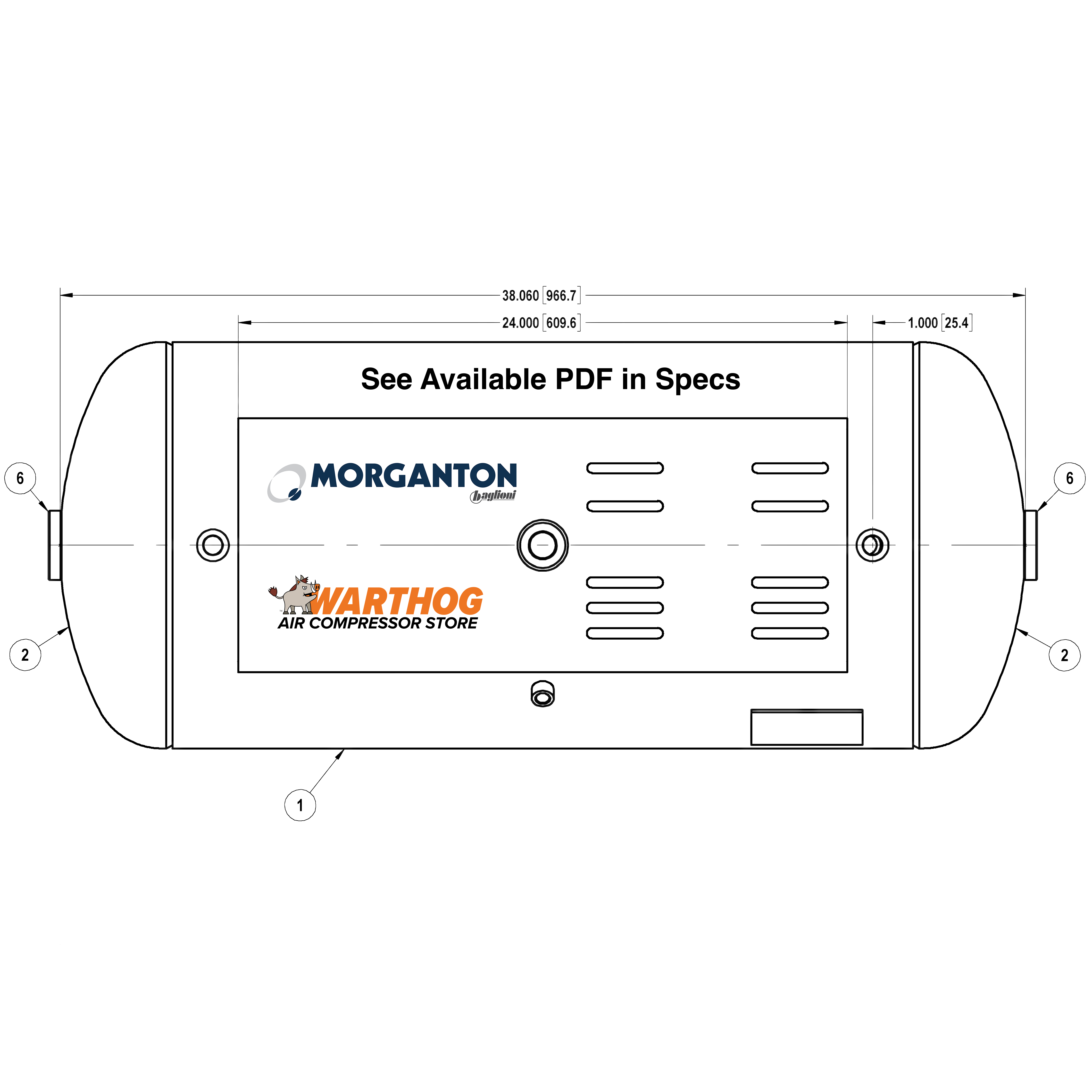 30 Gallon 200 PSI Horizontal Air Tank with Feet+Top plate by Morganton | VES04760