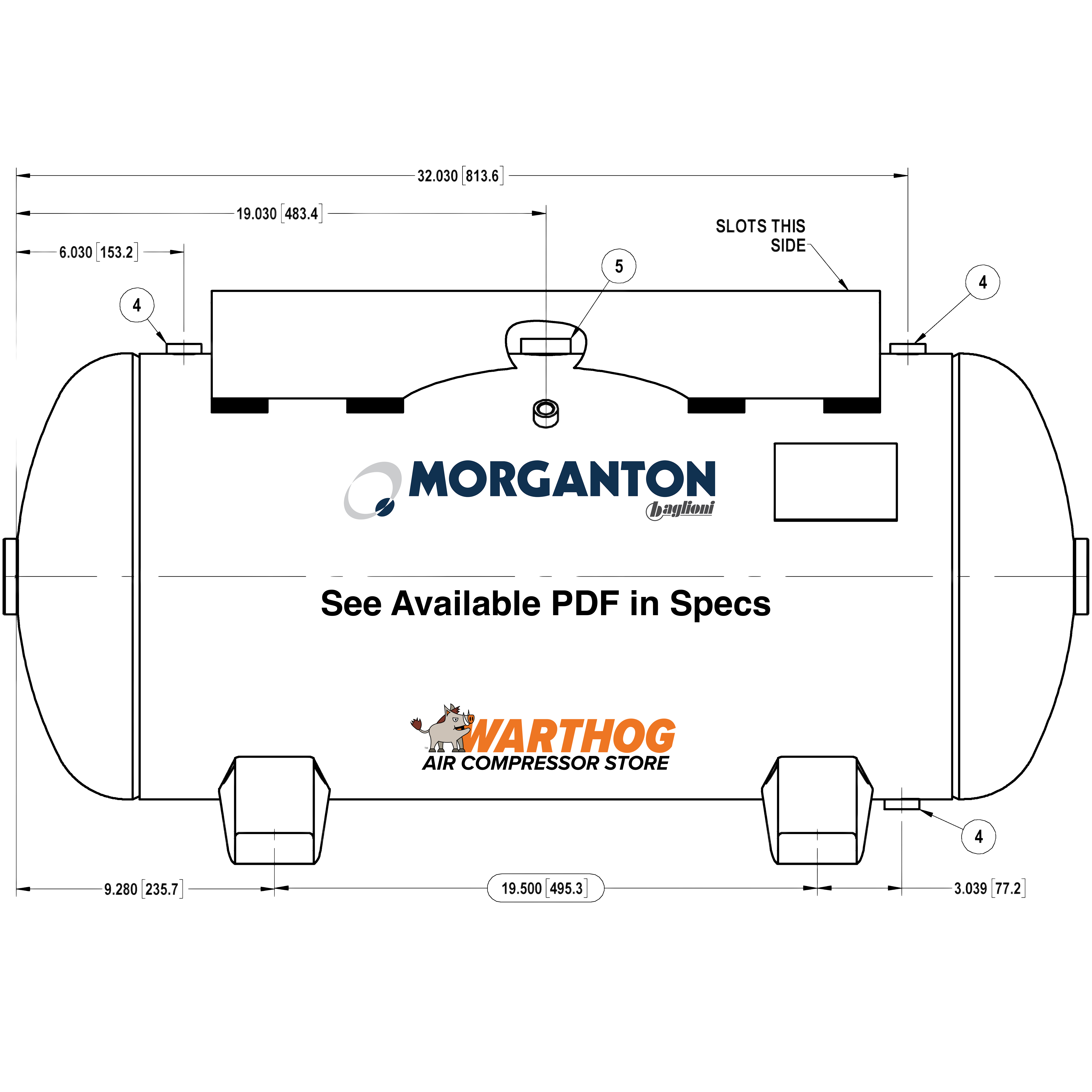 30 Gallon 200 PSI Horizontal Air Tank with Feet+Top plate by Morganton | VES04760