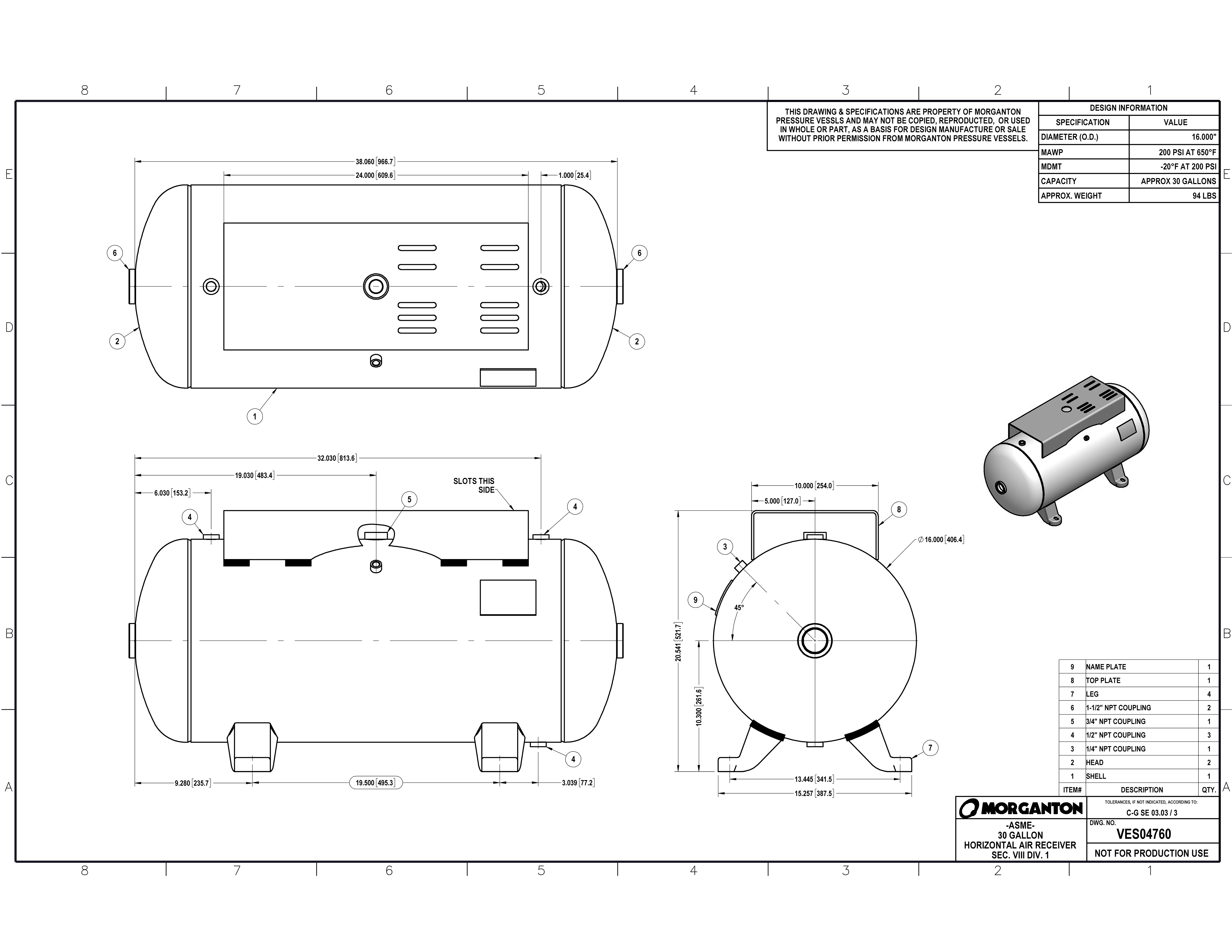 30 Gallon 200 PSI Horizontal Air Tank with Feet+Top plate by Morganton | VES04760