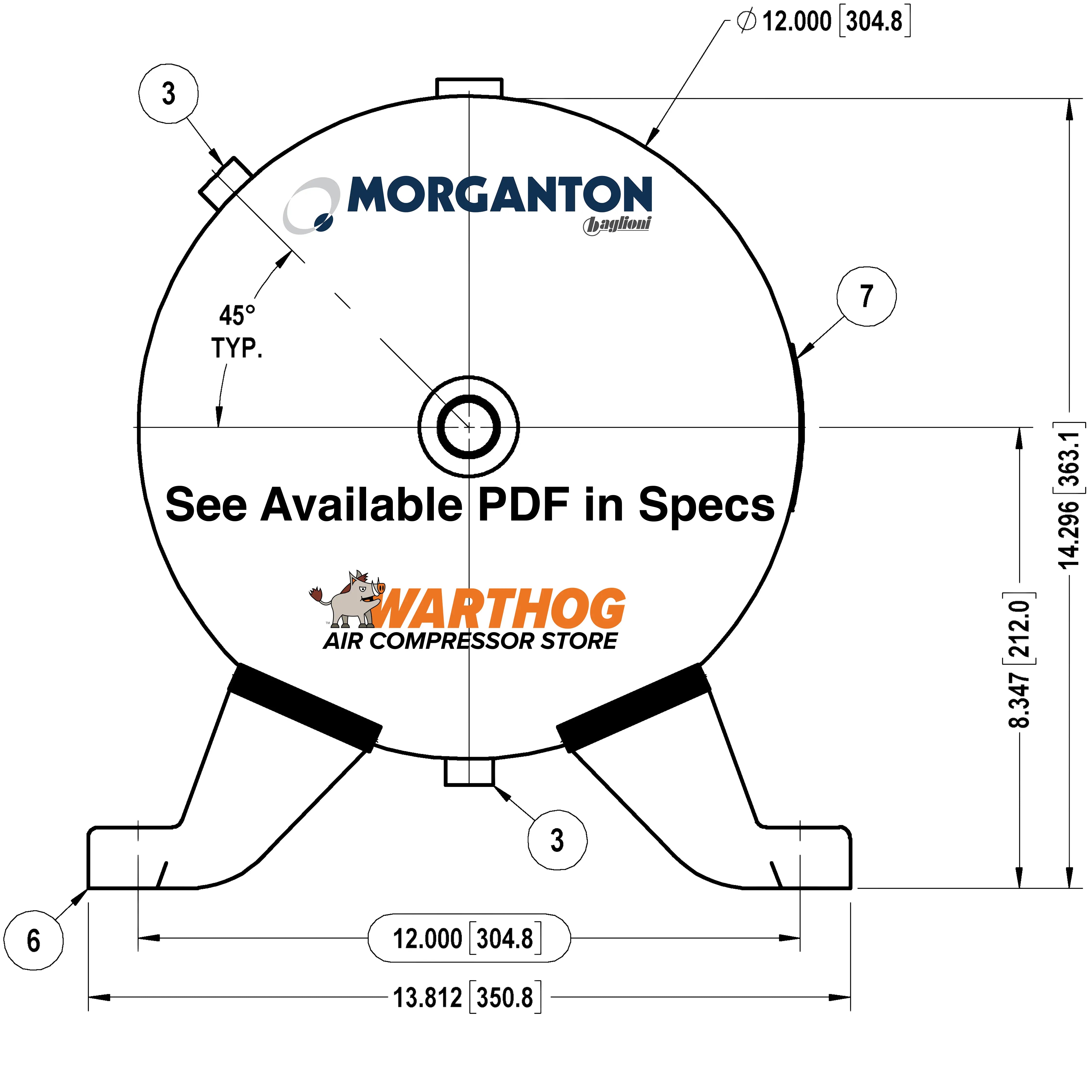 12 Gallon 200 PSI Horizontal Air Tank with Feet by Morganton | VES04761 Morganton