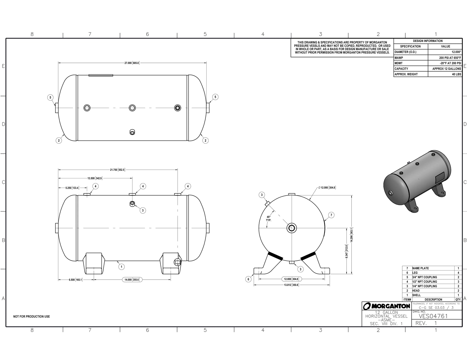 12 Gallon 200 PSI Horizontal Air Tank with Feet by Morganton | VES04761 Morganton