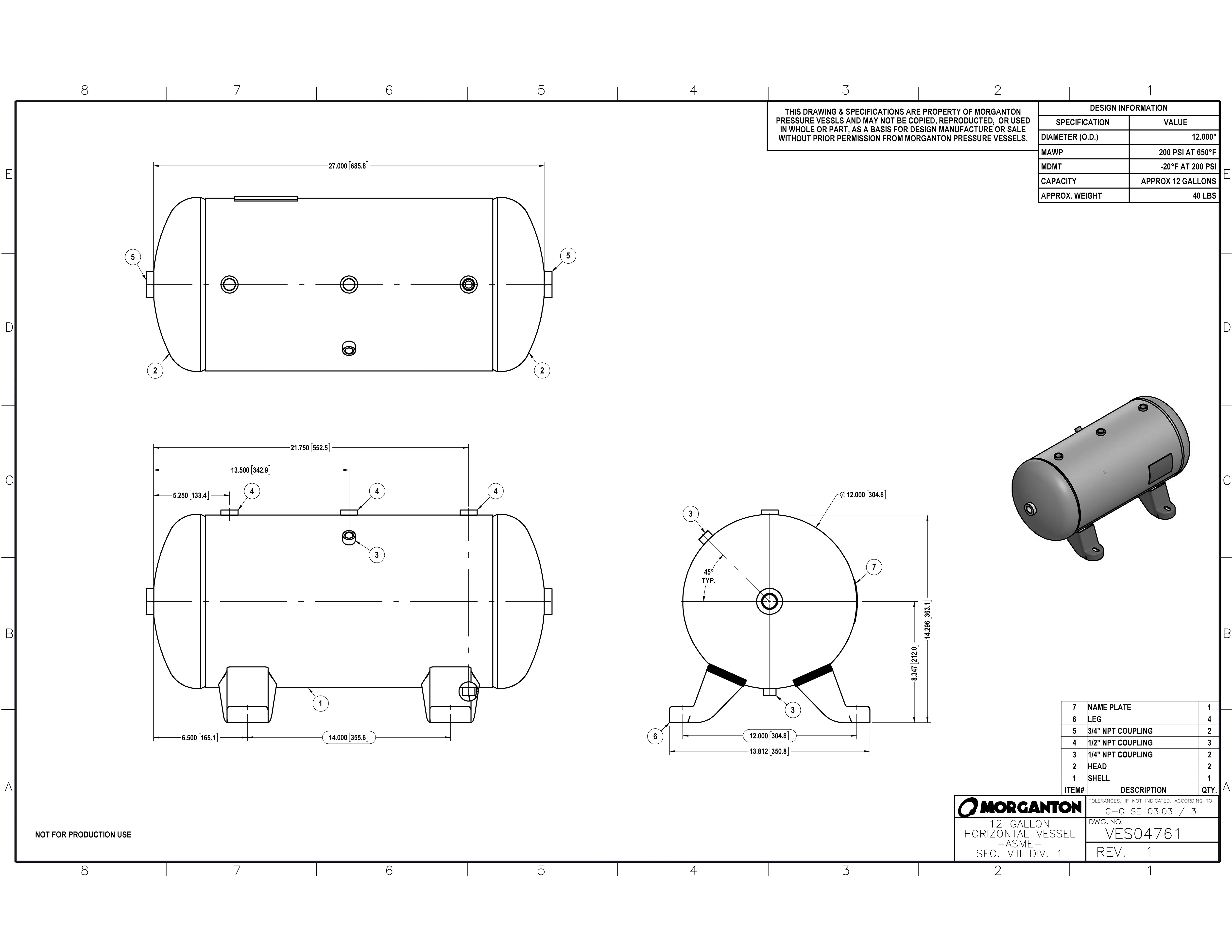 12 Gallon 200 PSI Horizontal Air Tank with Feet by Morganton | VES04761 Morganton