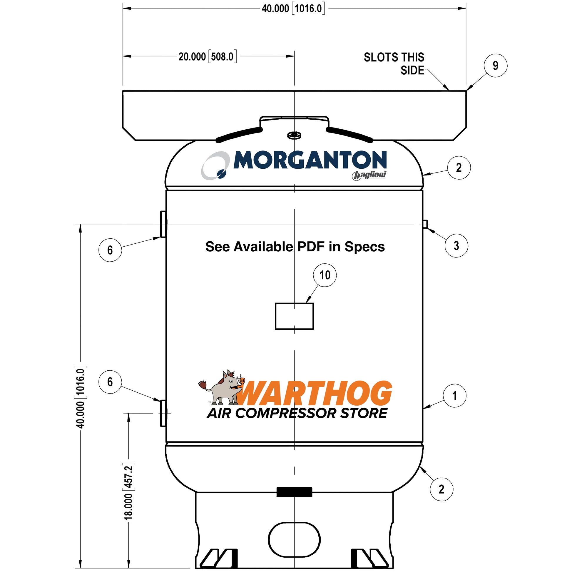 120 Gallon 200 PSI Vertical Air Tank with Base ring+Top plate by Morganton | VES04766 Morganton