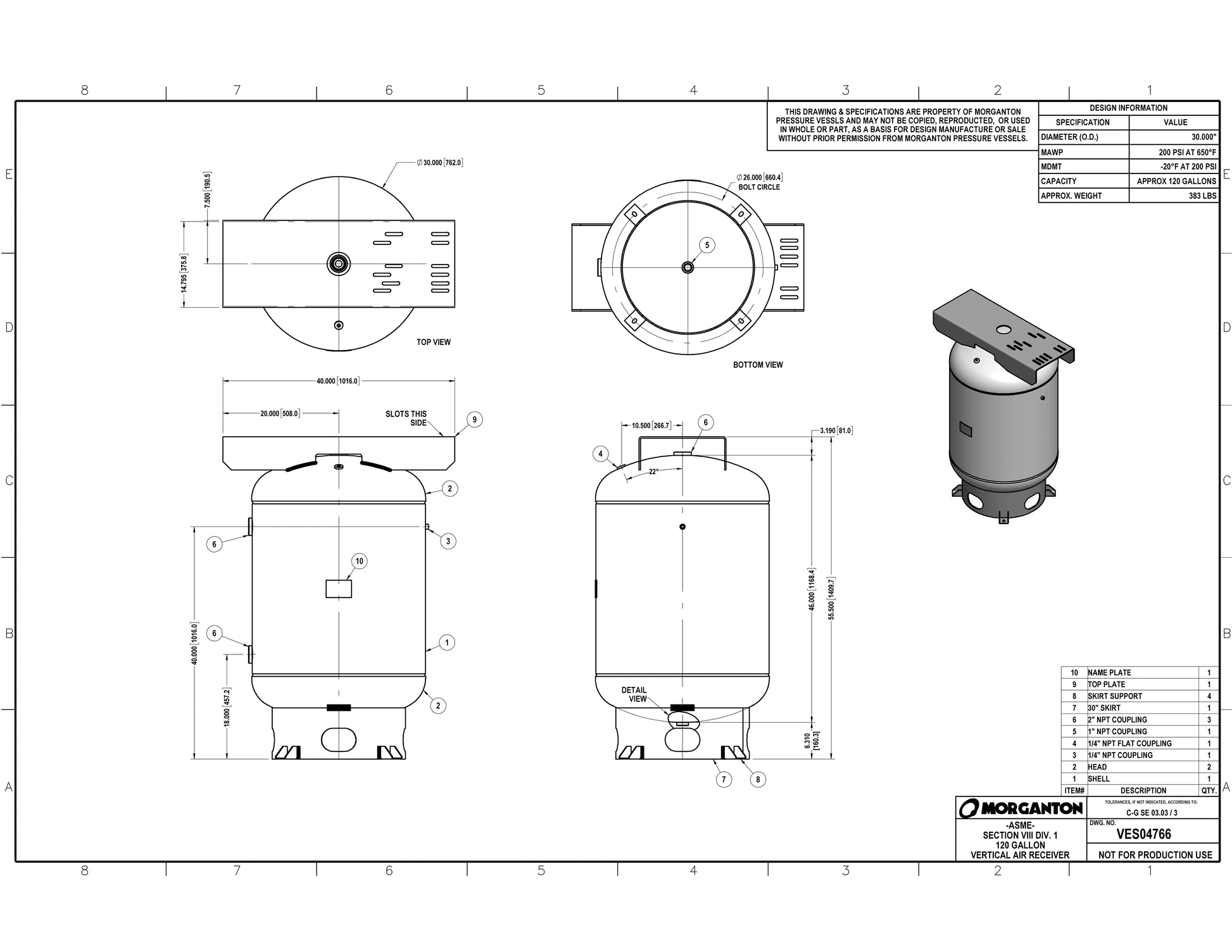 120 Gallon 200 PSI Vertical Air Tank with Base ring+Top plate by Morganton | VES04766 Morganton