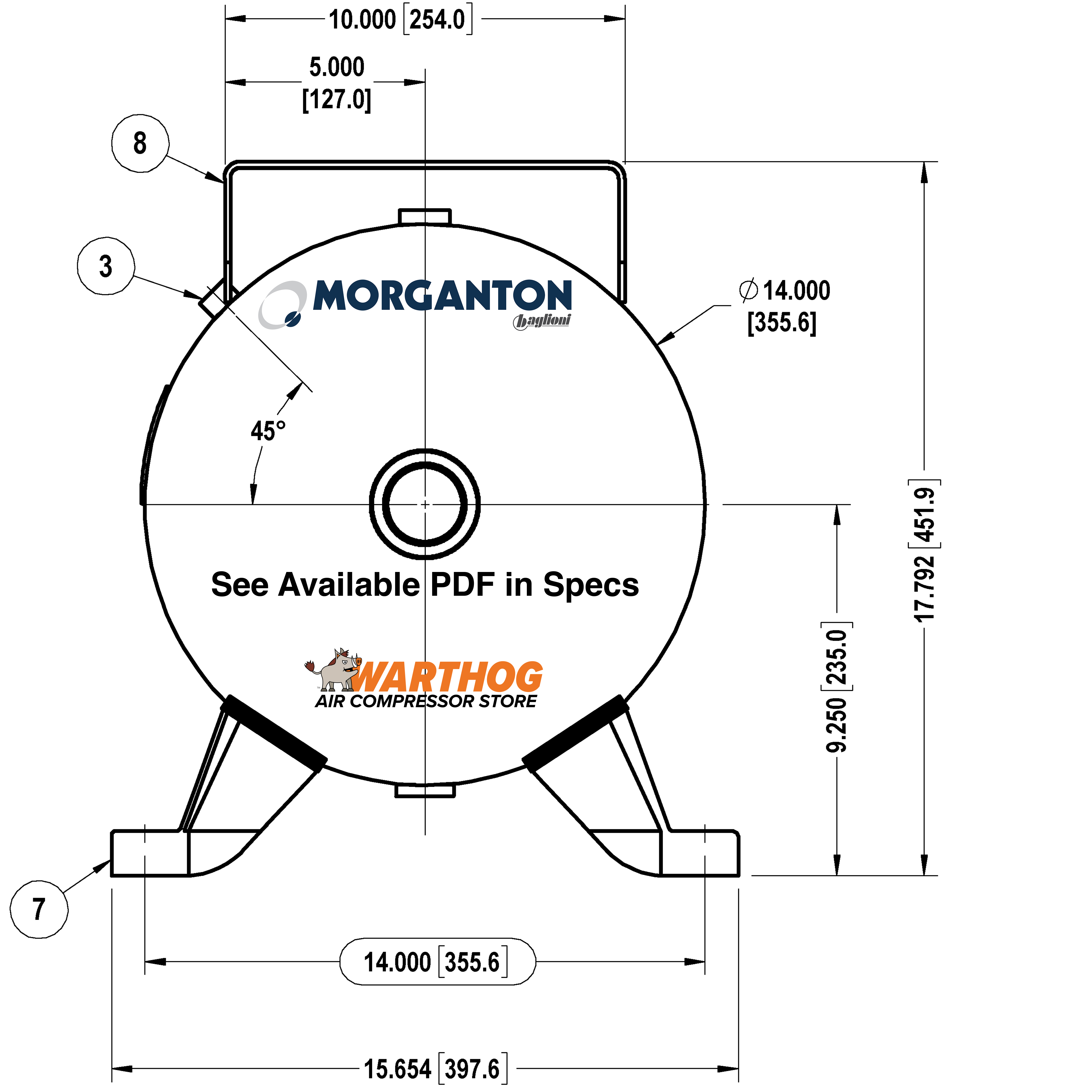 20 Gallon 200 PSI Horizontal Air Tank with Feet+top plate by Morganton | VES04771