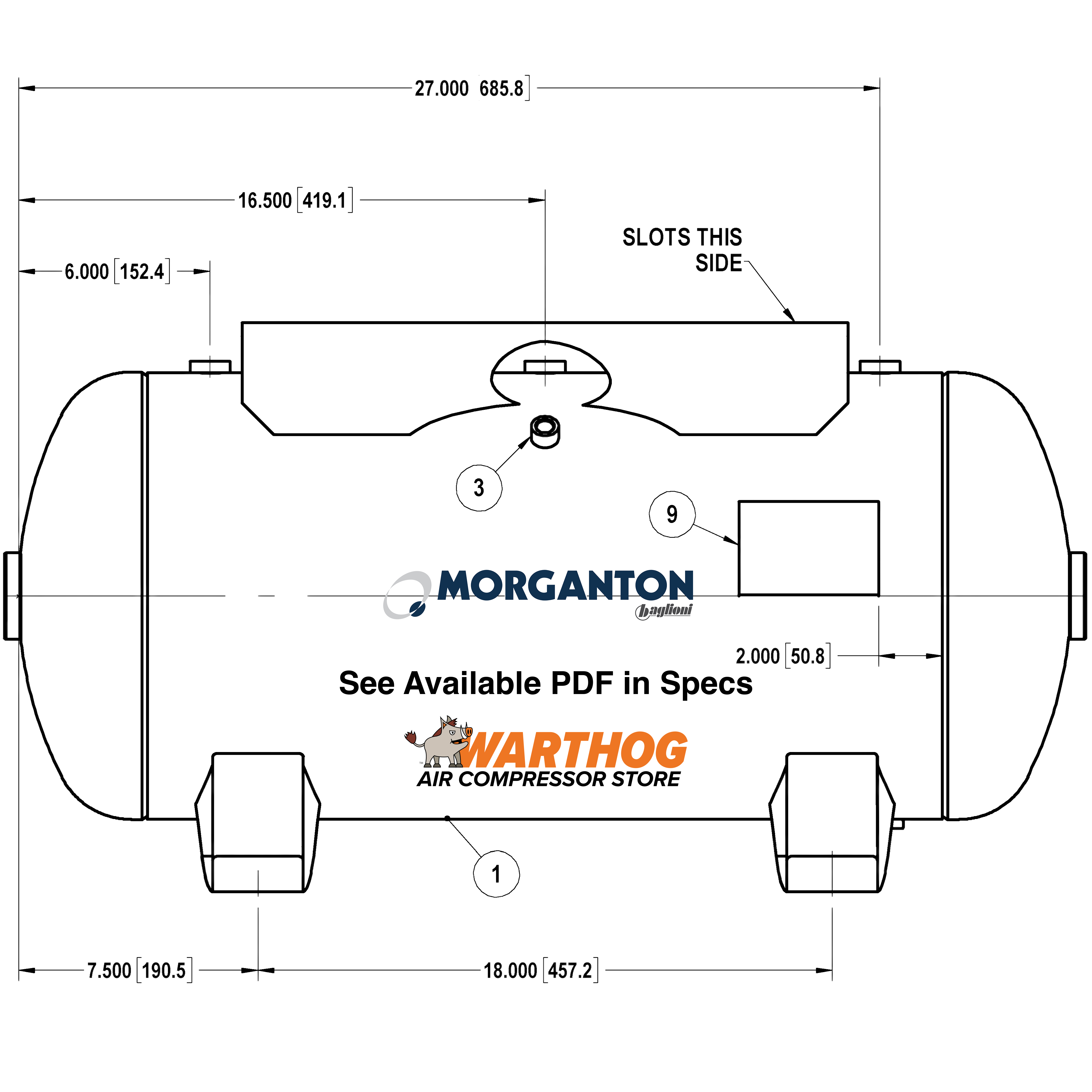 20 Gallon 200 PSI Horizontal Air Tank with Feet+top plate by Morganton | VES04771