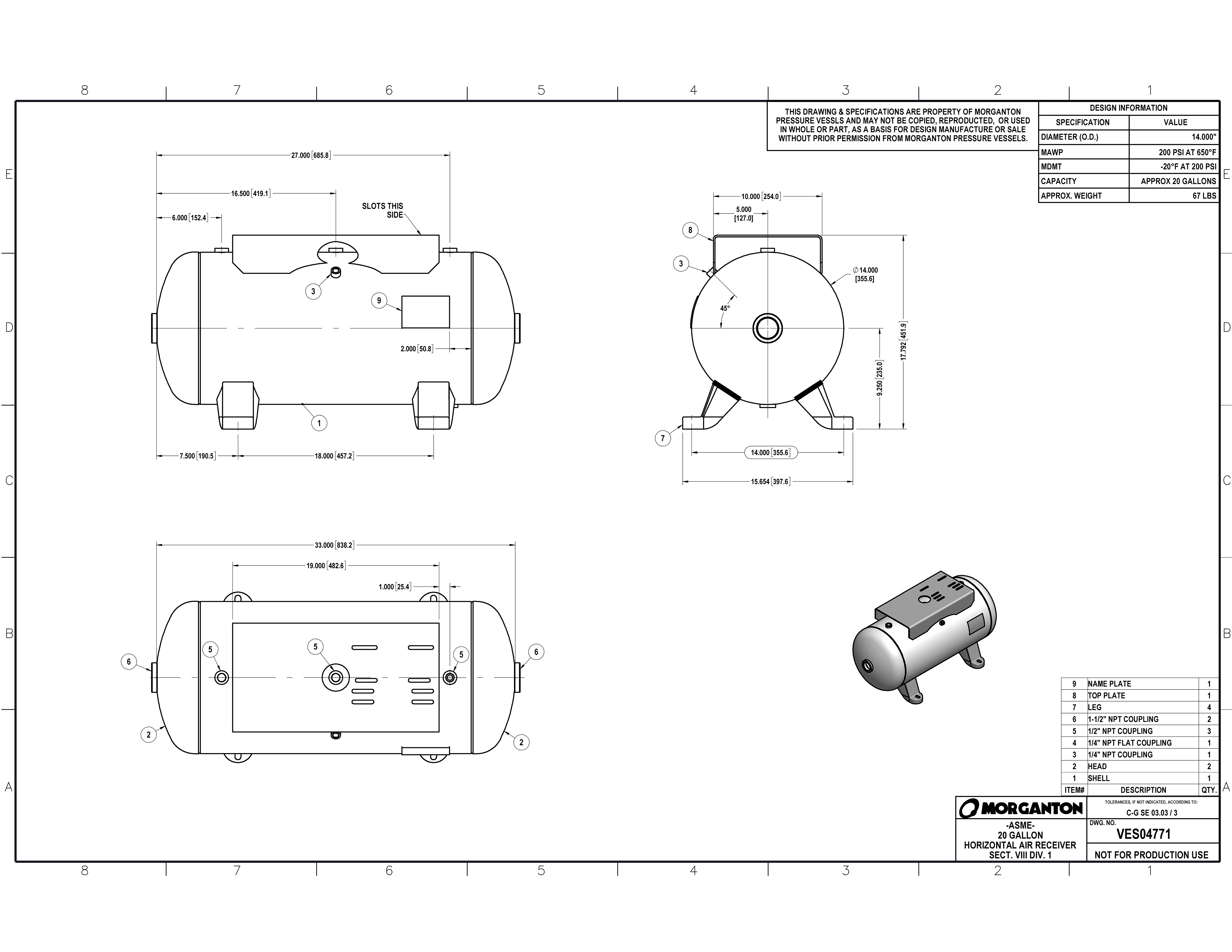 20 Gallon 200 PSI Horizontal Air Tank with Feet+top plate by Morganton | VES04771