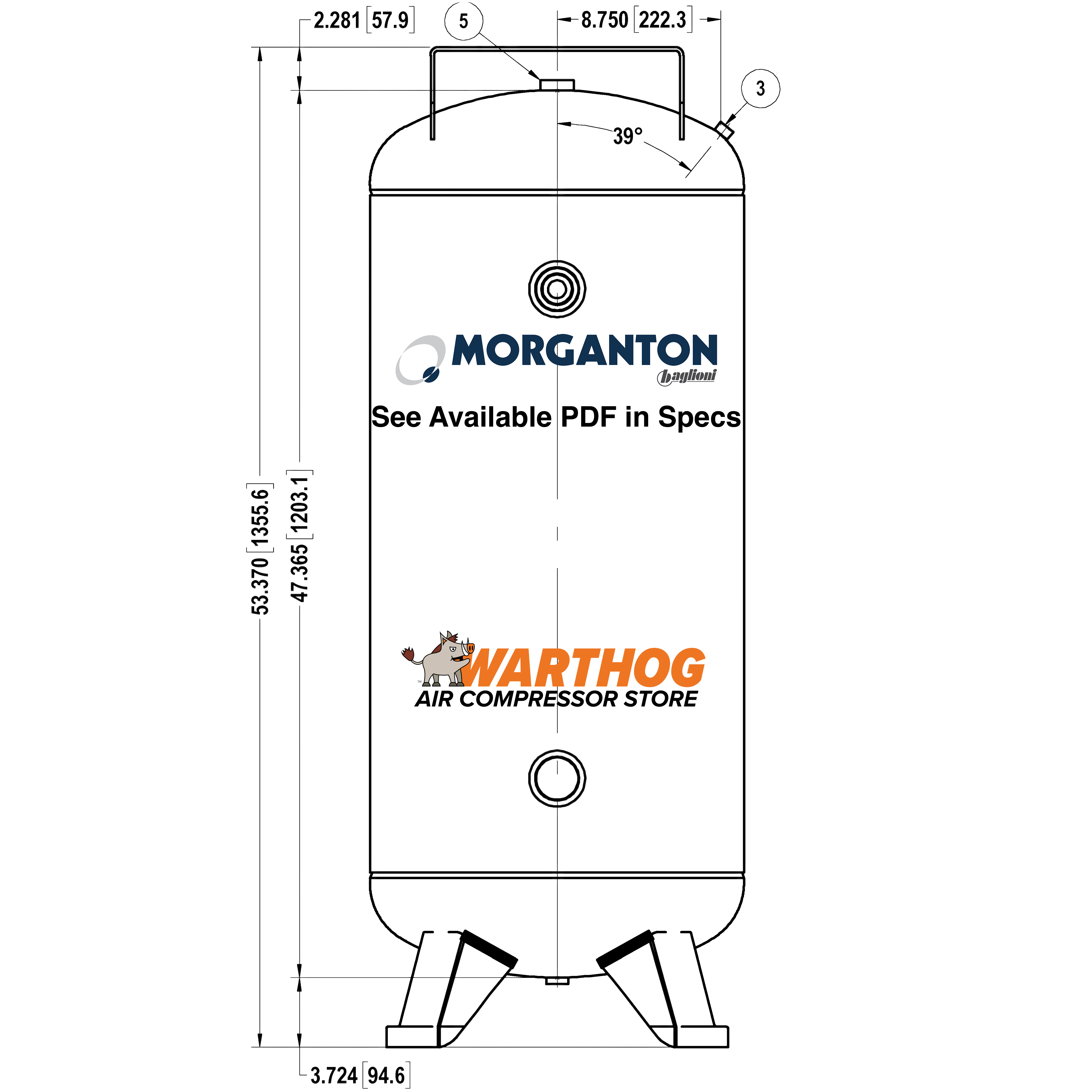 60 Gallon 200 PSI Vertical Air Tank with Feet+Top plate by Morganton | VES04772