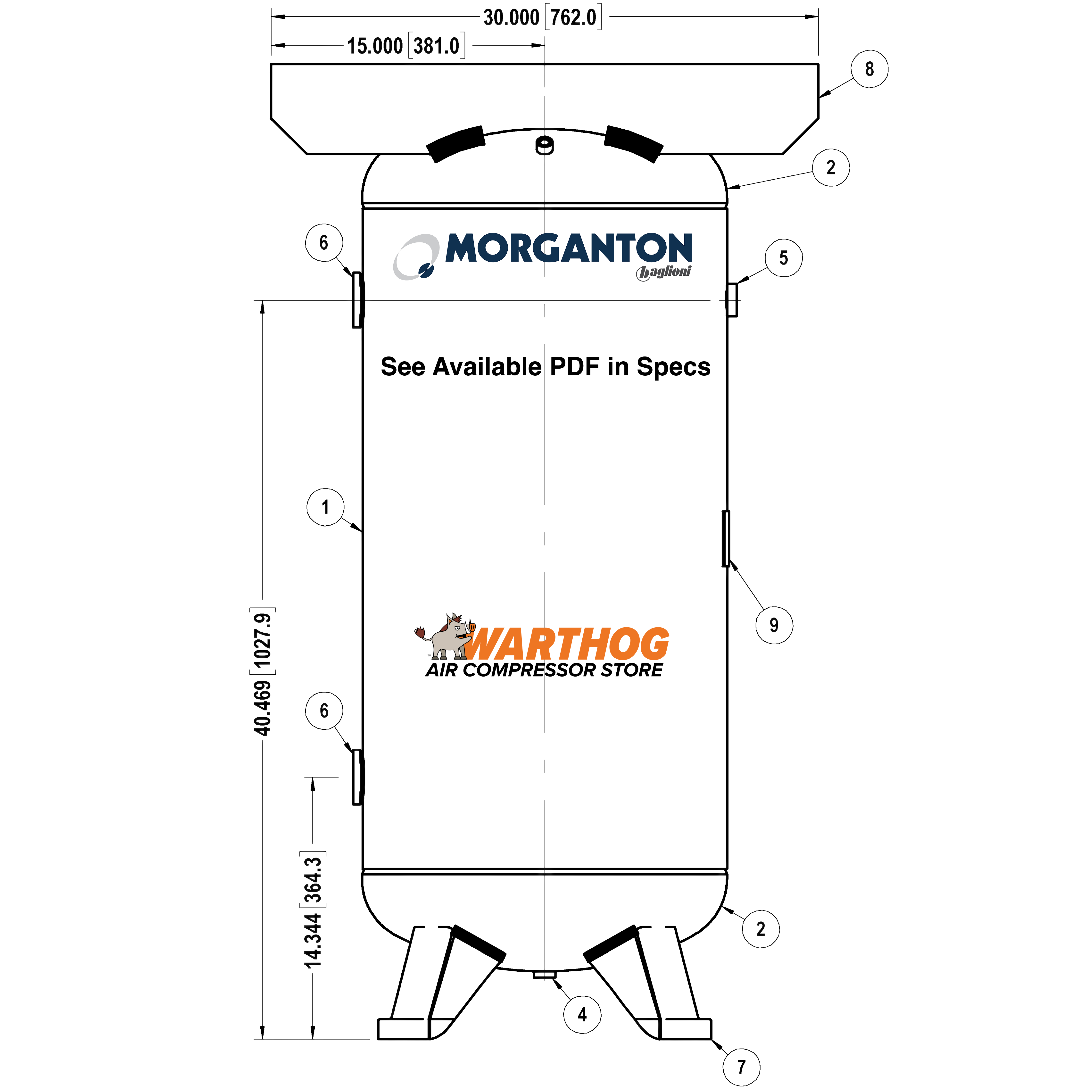 60 Gallon 200 PSI Vertical Air Tank with Feet+Top plate by Morganton | VES04772