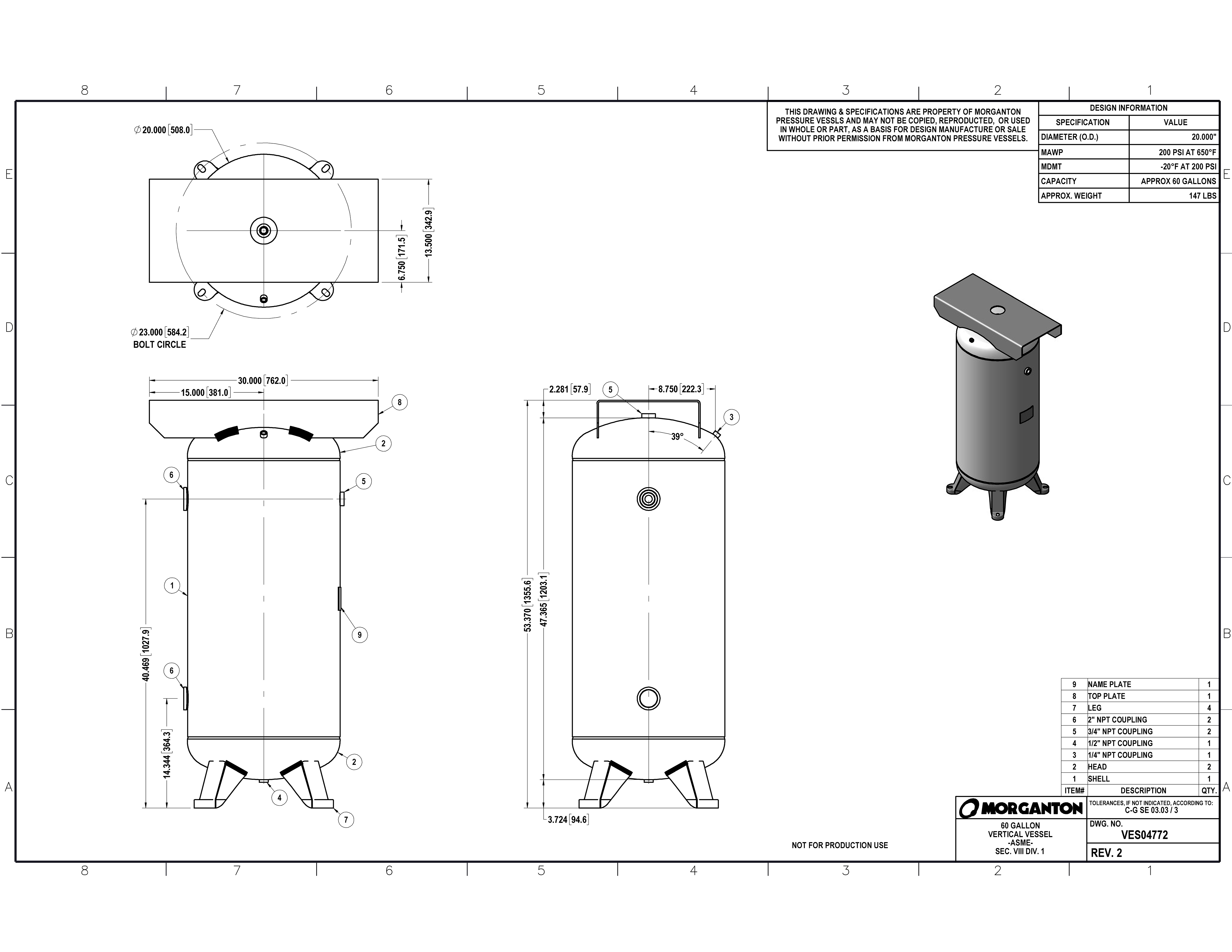 60 Gallon 200 PSI Vertical Air Tank with Feet+Top plate by Morganton | VES04772