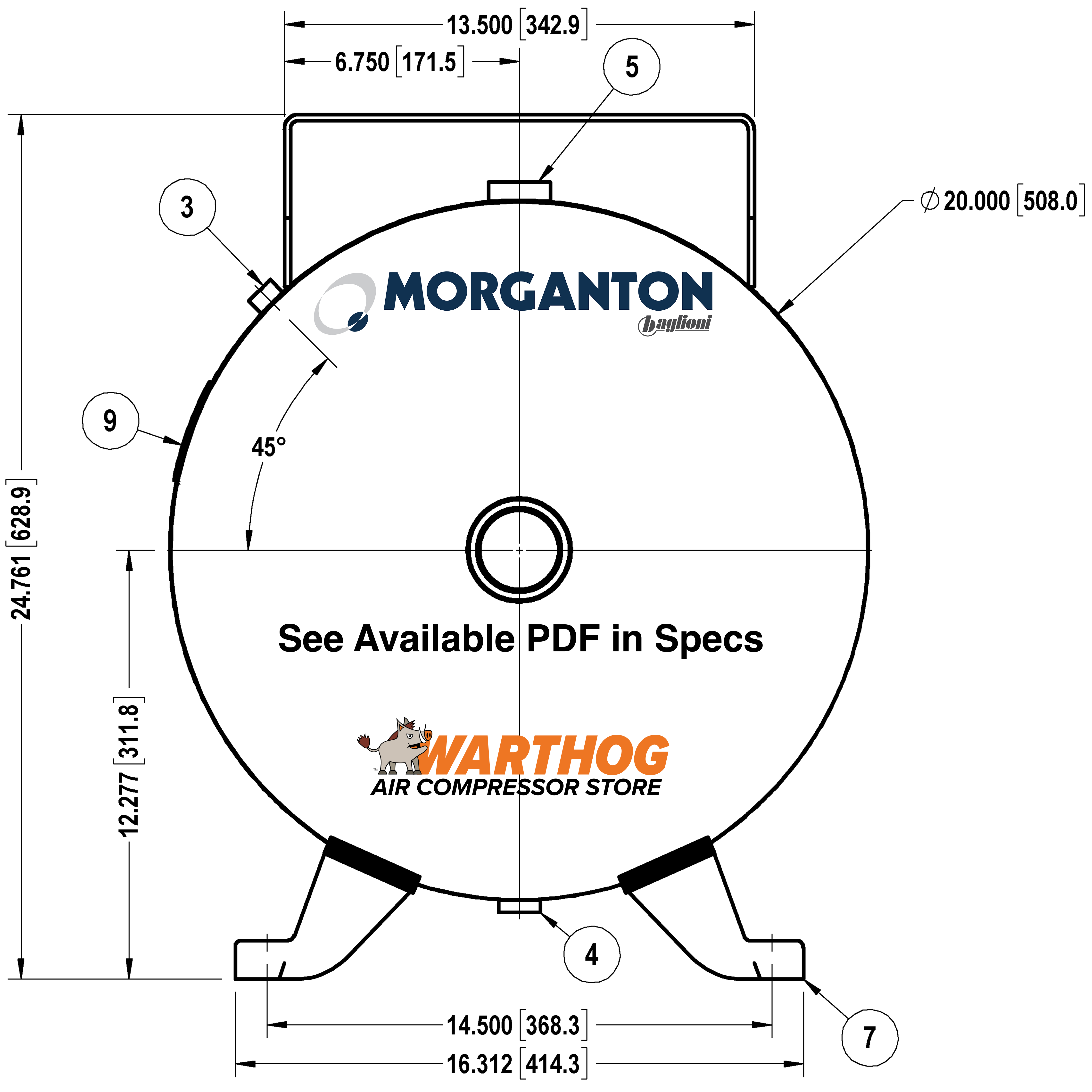 60 Gallon 200 PSI Horizontal Air Tank with Feet+Top plate by Morganton | VES04774