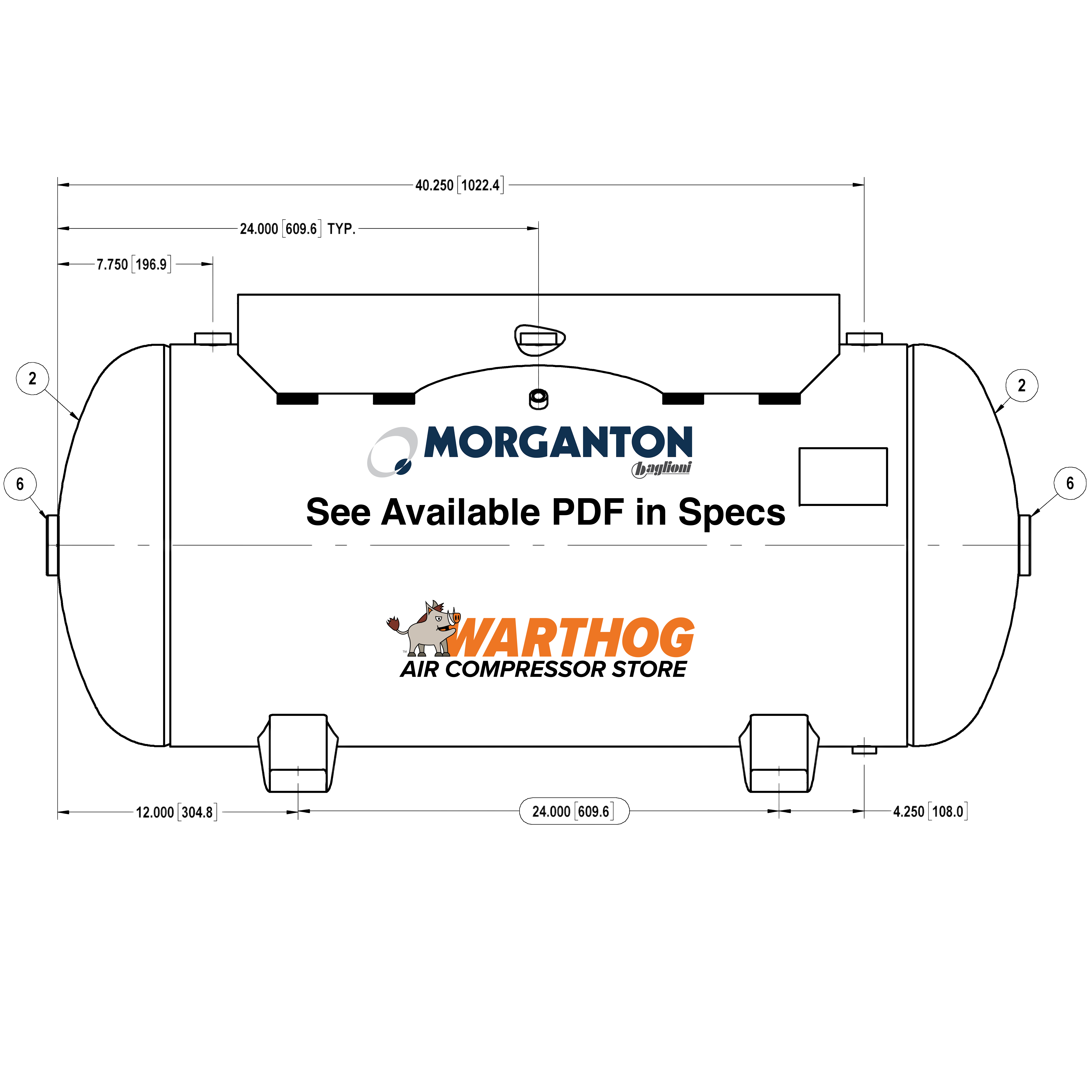 60 Gallon 200 PSI Horizontal Air Tank with Feet+Top plate by Morganton | VES04774