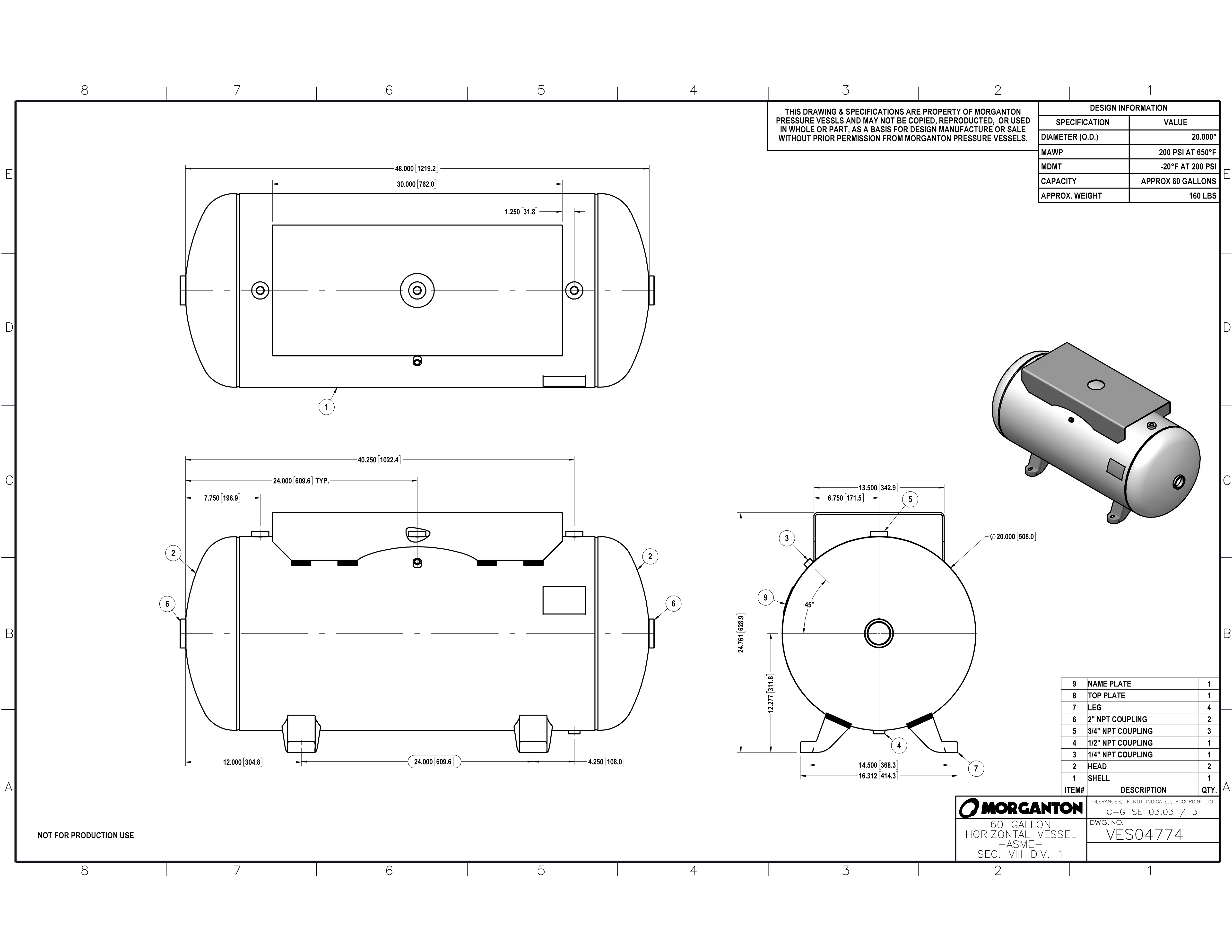 60 Gallon 200 PSI Horizontal Air Tank with Feet+Top plate by Morganton | VES04774