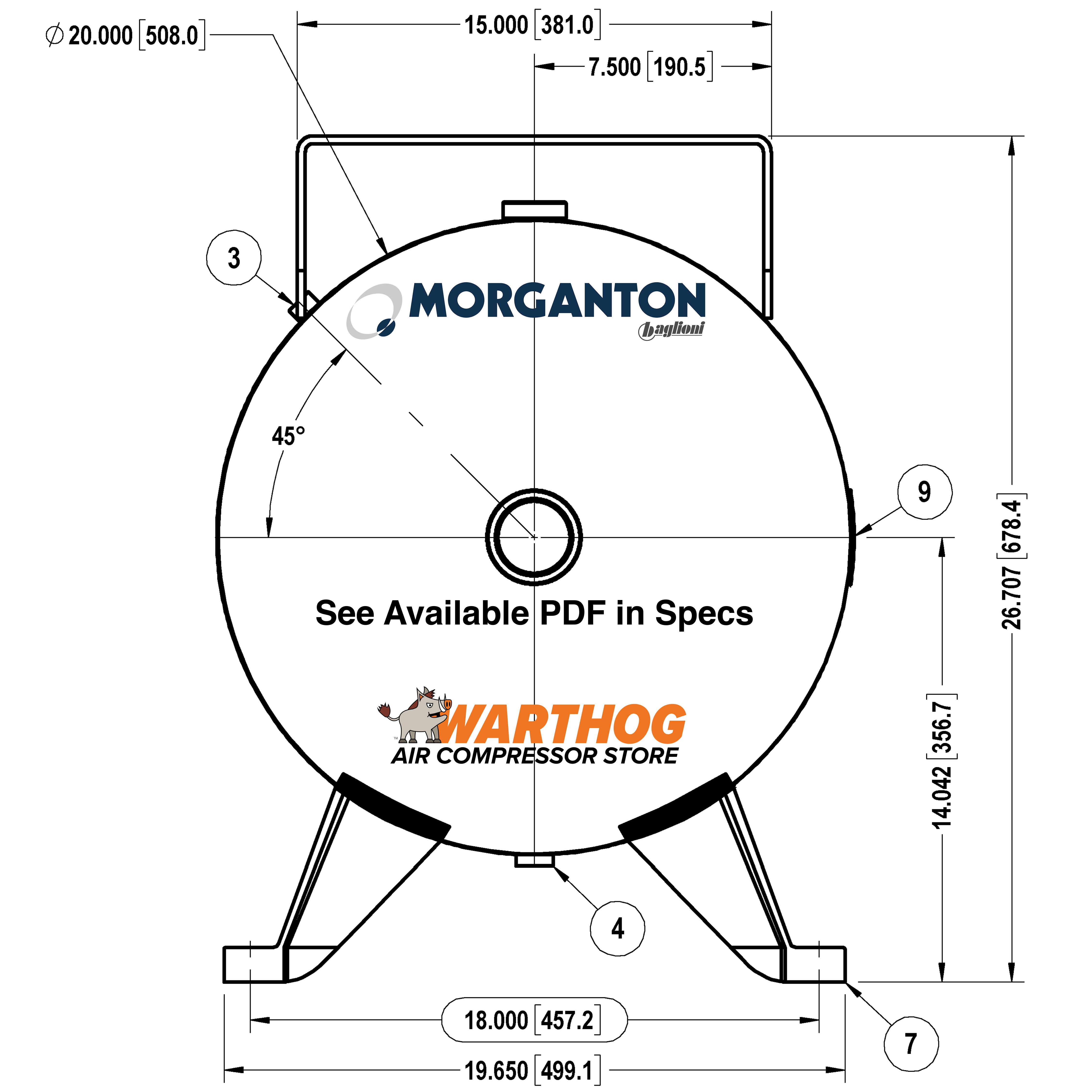 80 Gallon 200 PSI Horizontal Air Tank with Feet+top plate by Morganton | VES04781