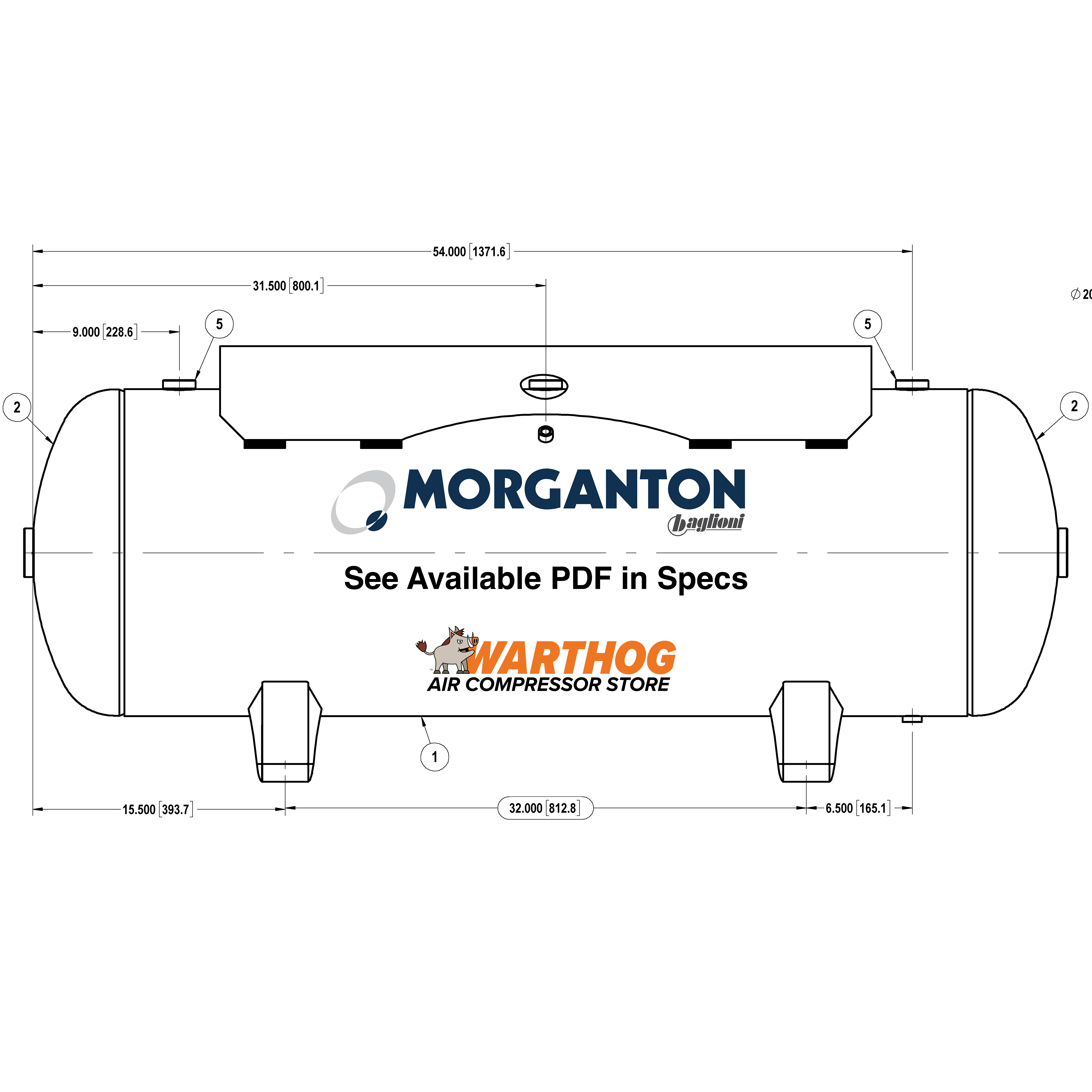 80 Gallon 200 PSI Horizontal Air Tank with Feet+top plate by Morganton | VES04781