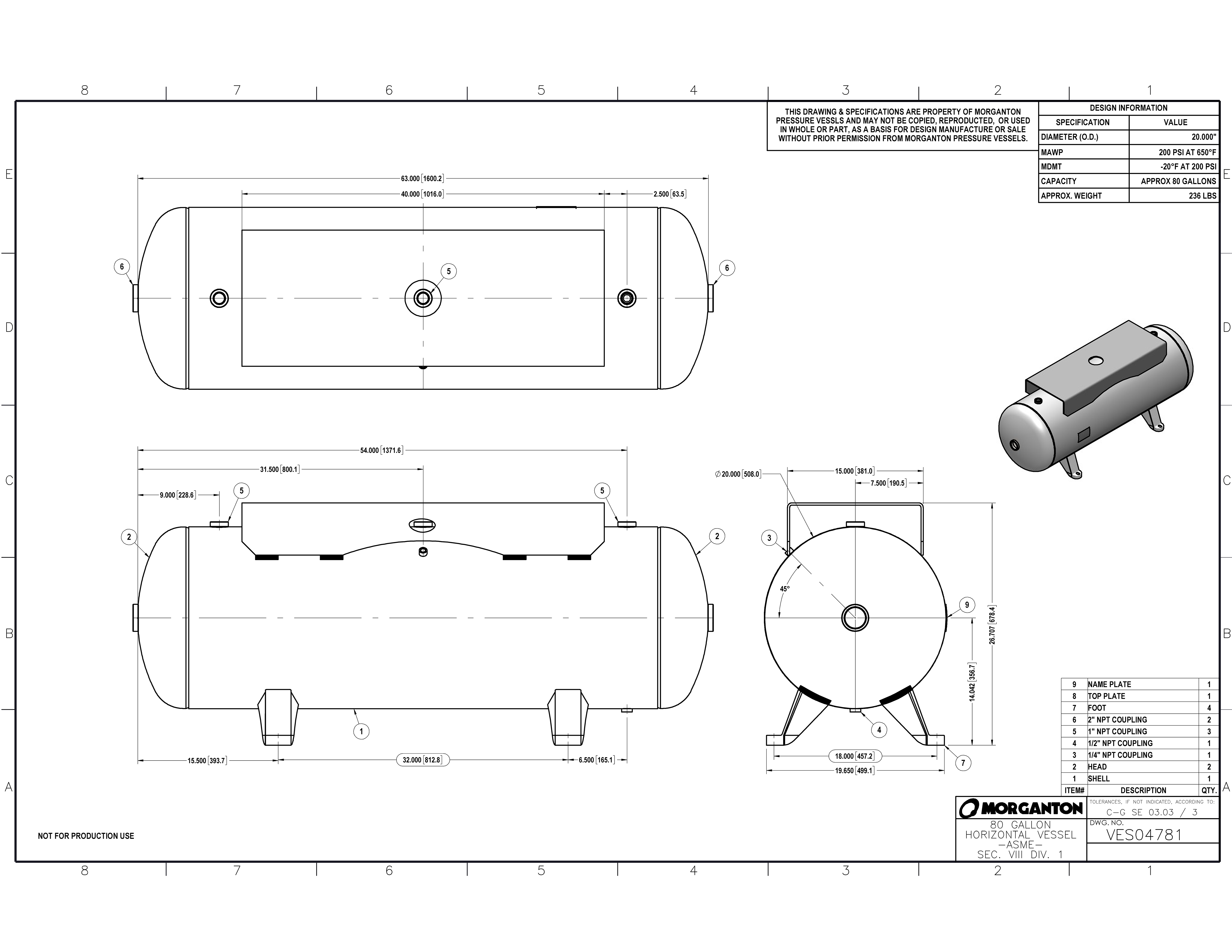 80 Gallon 200 PSI Horizontal Air Tank with Feet+top plate by Morganton | VES04781