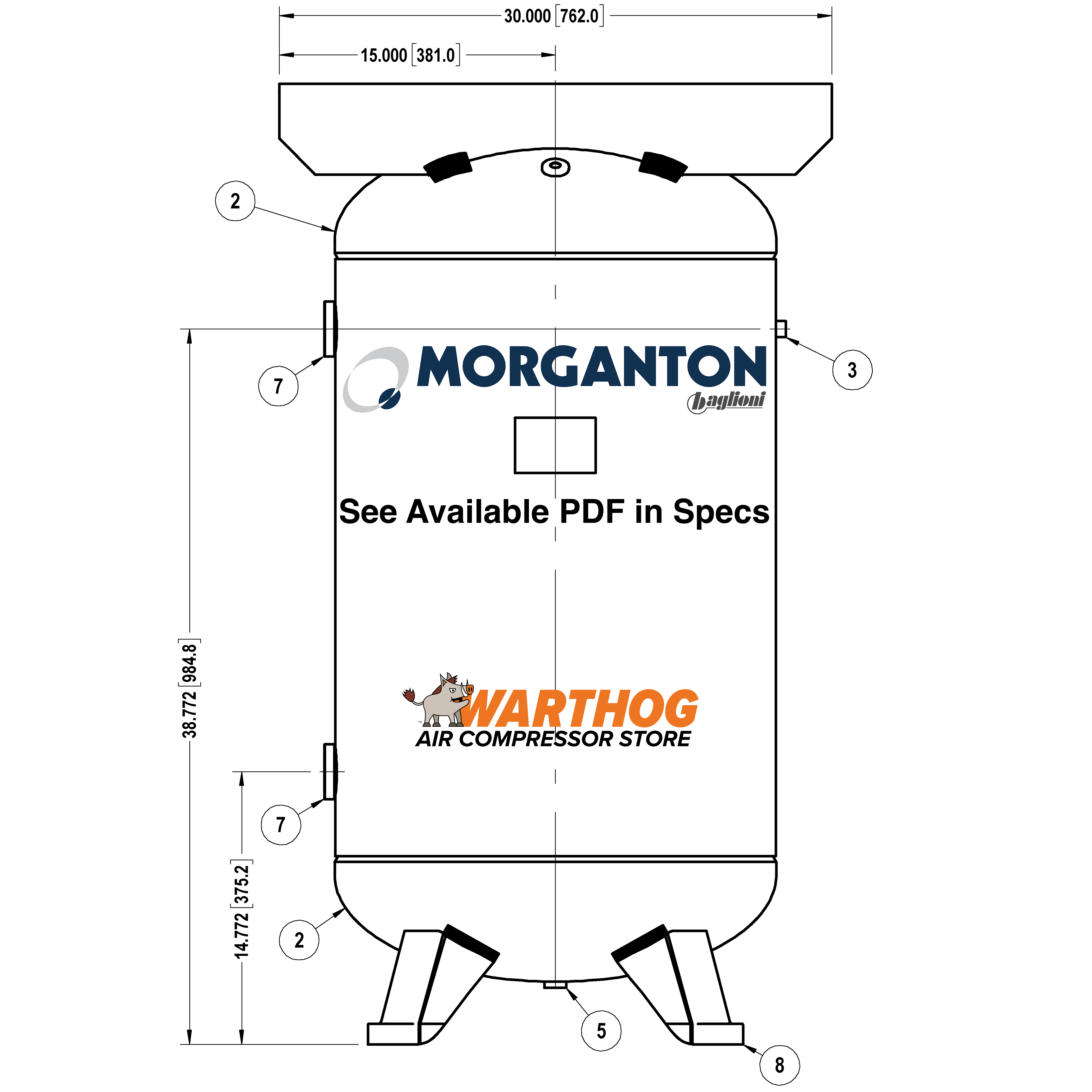 80 Gallon 200 PSI Vertical Air Tank with Feet+Top plate by Morganton | VES04784