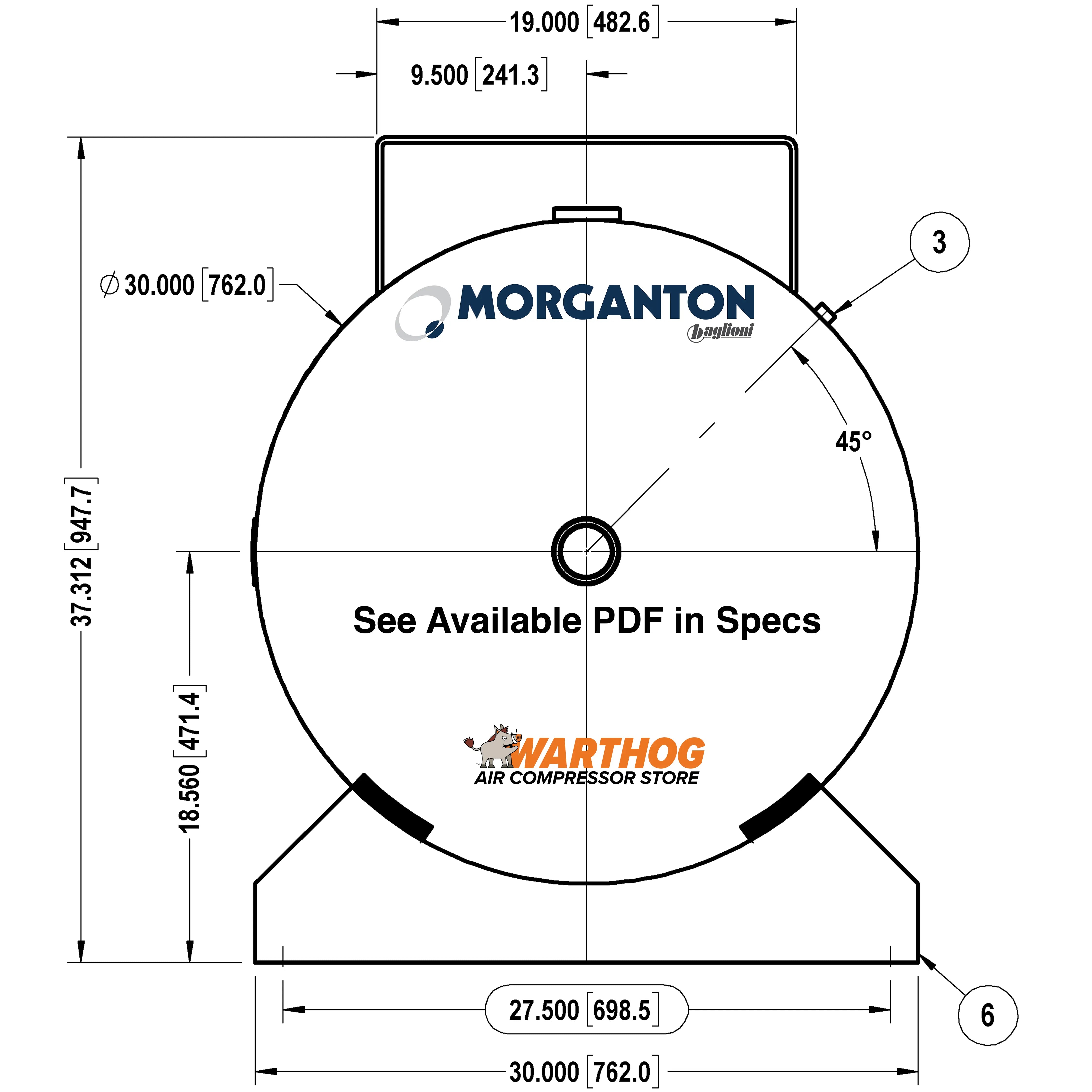 240 Gallon 200 PSI Horizontal Air Tank with Saddle+Top plate by Morganton | VES04792 Morganton