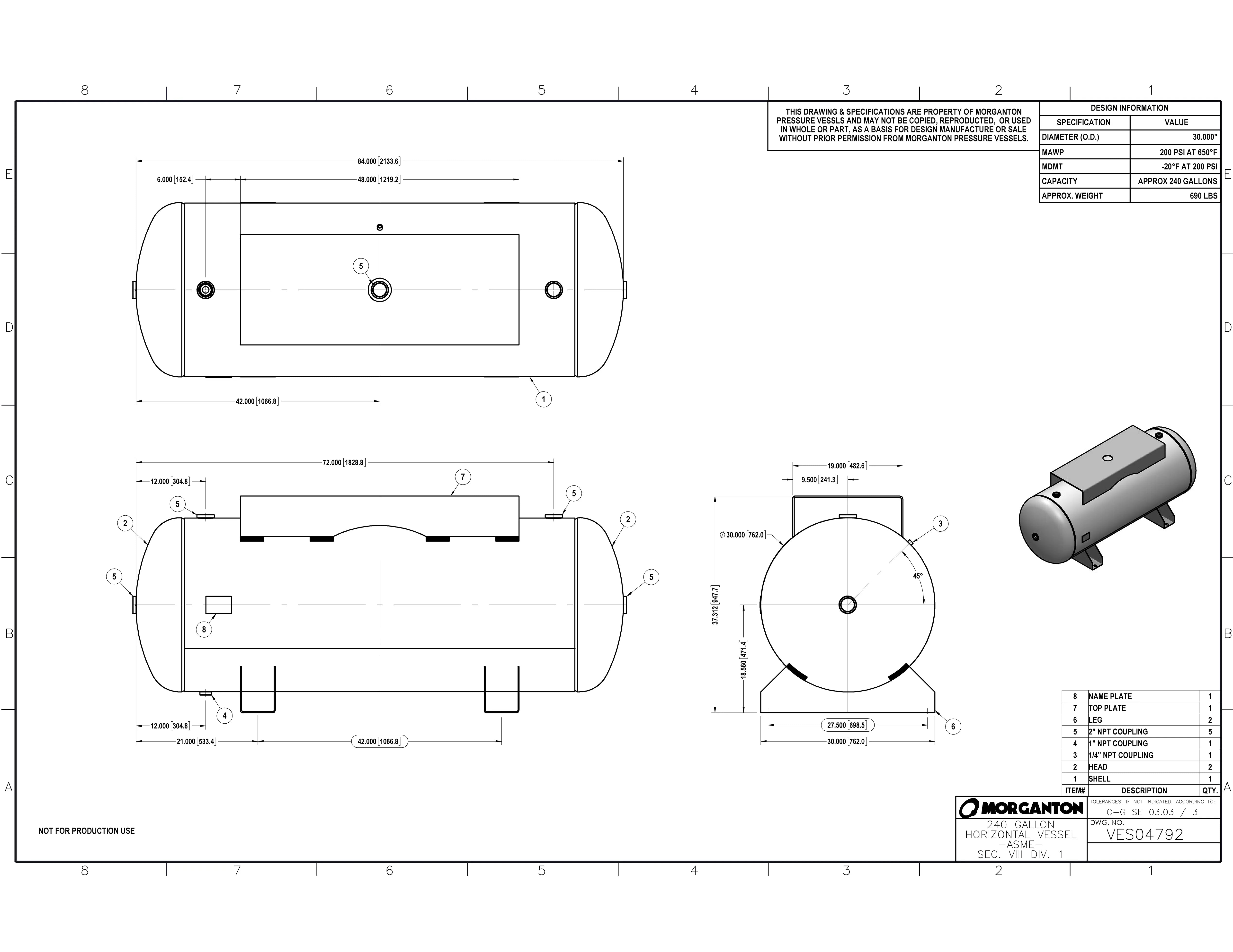 240 Gallon 200 PSI Horizontal Air Tank with Saddle+Top plate by Morganton | VES04792 Morganton