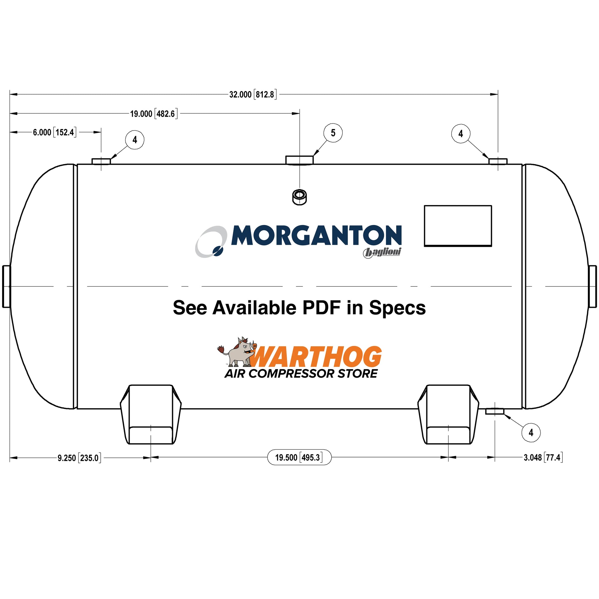 30 Gallon 200 PSI Horizontal Air Tank with Feet by Morganton | VES04848 Morganton