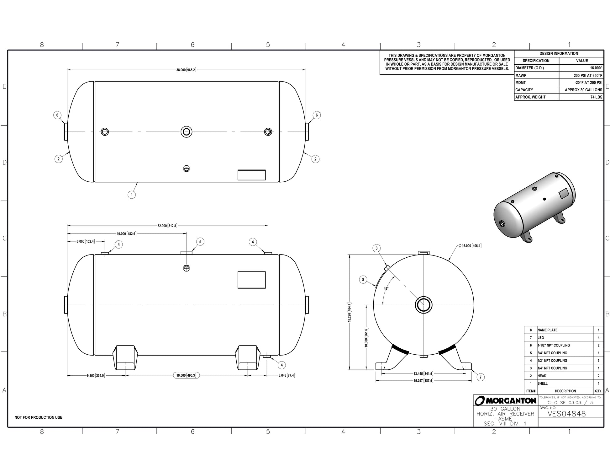 30 Gallon 200 PSI Horizontal Air Tank with Feet by Morganton | VES04848 Morganton