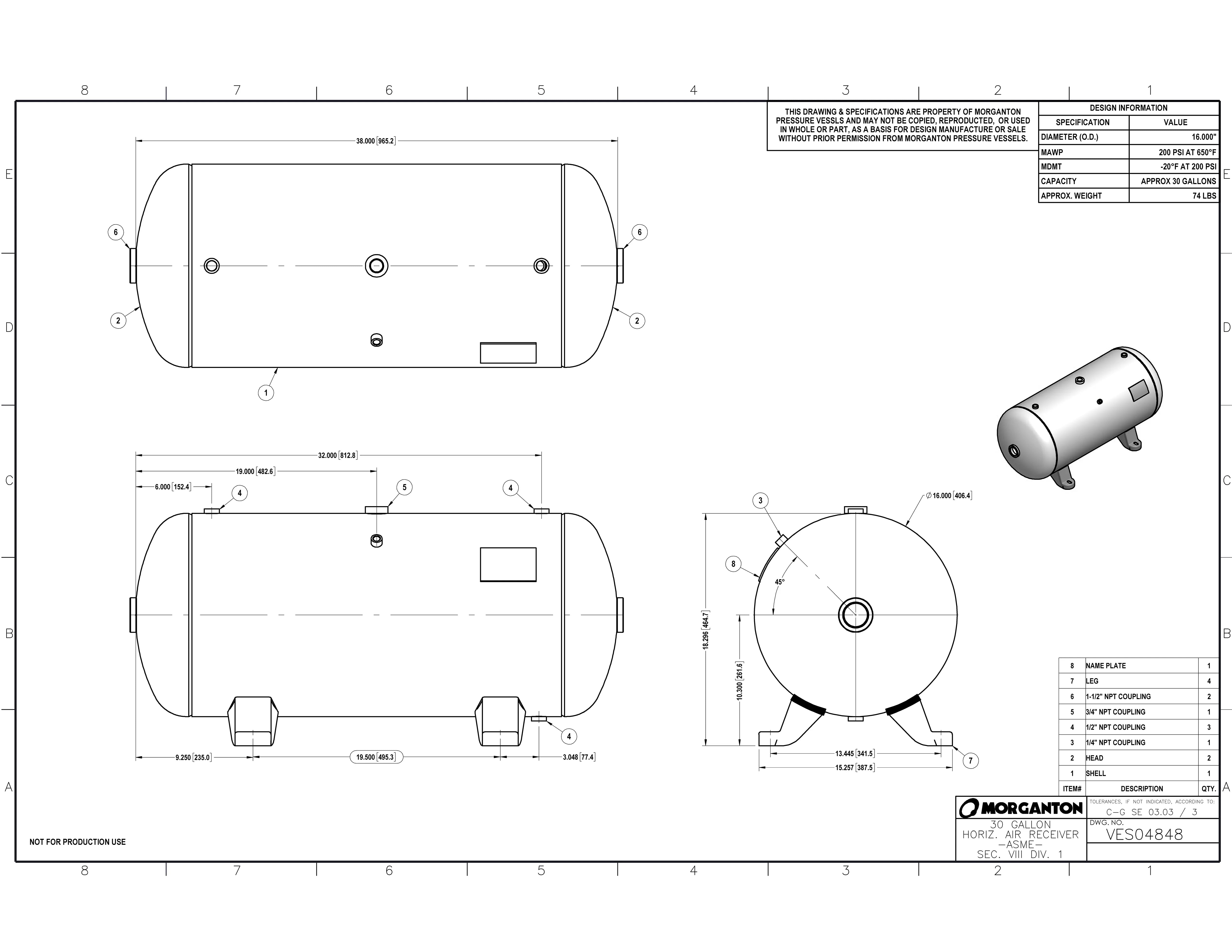 30 Gallon 200 PSI Horizontal Air Tank with Feet by Morganton | VES04848 Morganton