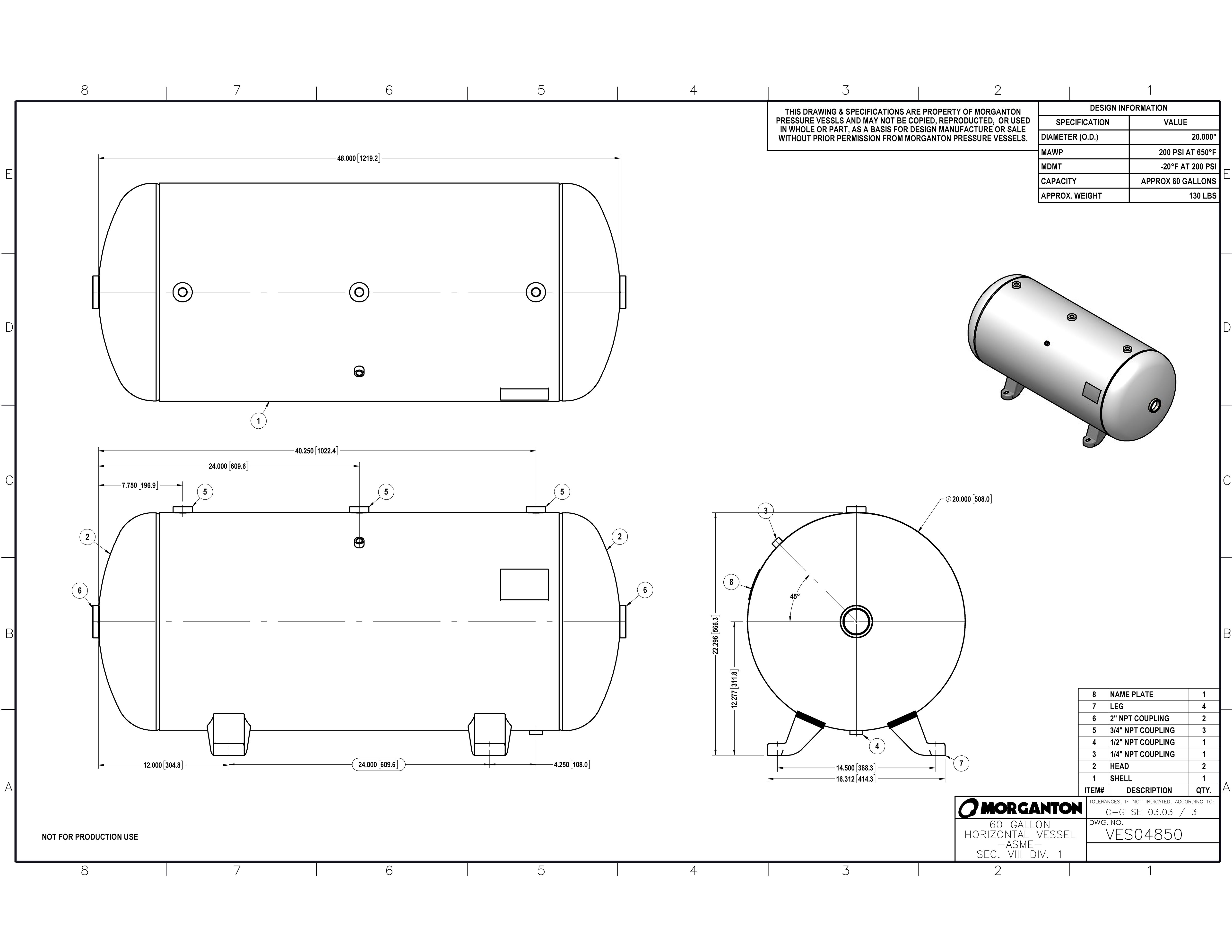 60 Gallon 200 PSI Horizontal Air Tank with Feet by Morganton | VES04850