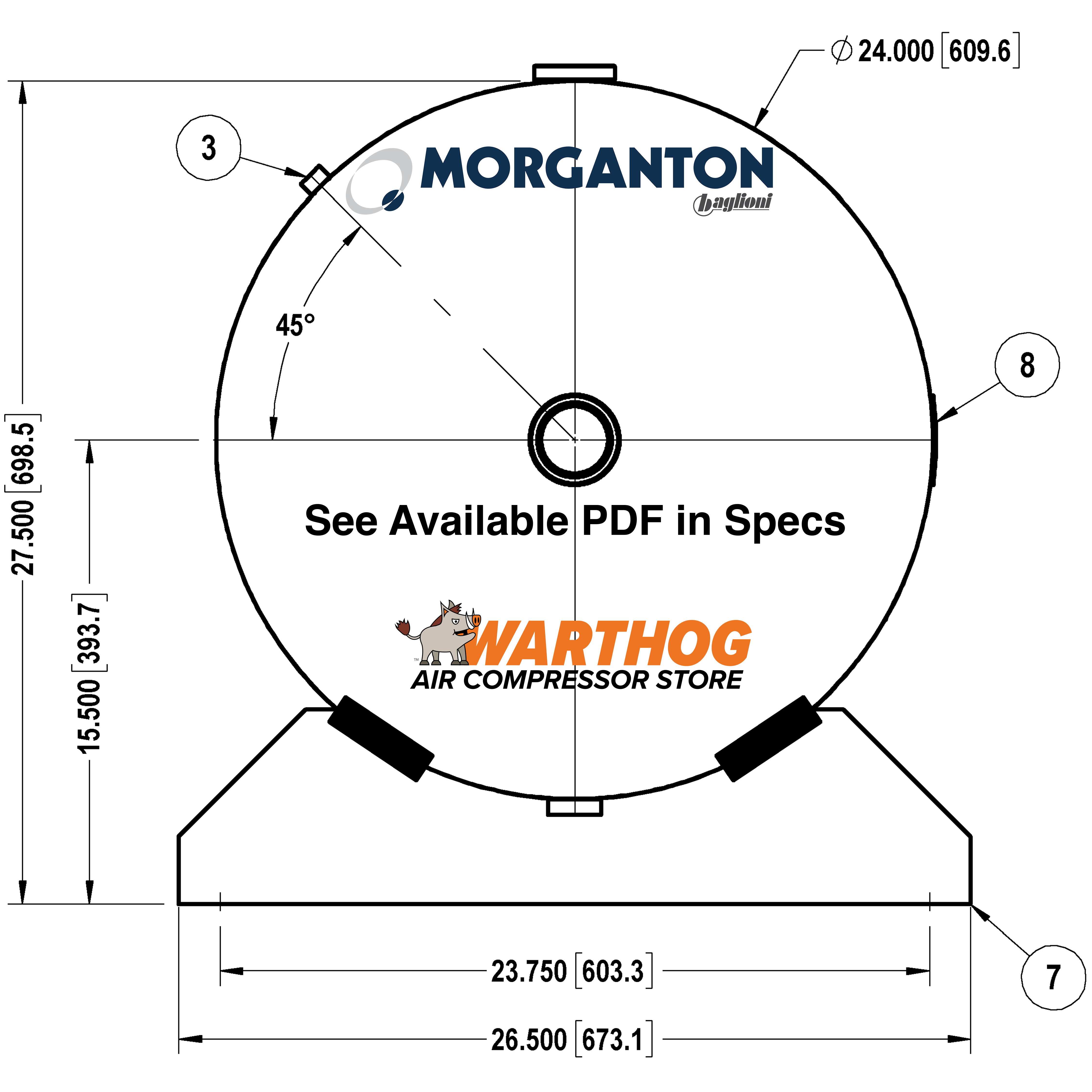 120 Gallon 200 PSI Horizontal Air Tank with Saddle by Morganton | VES04863
