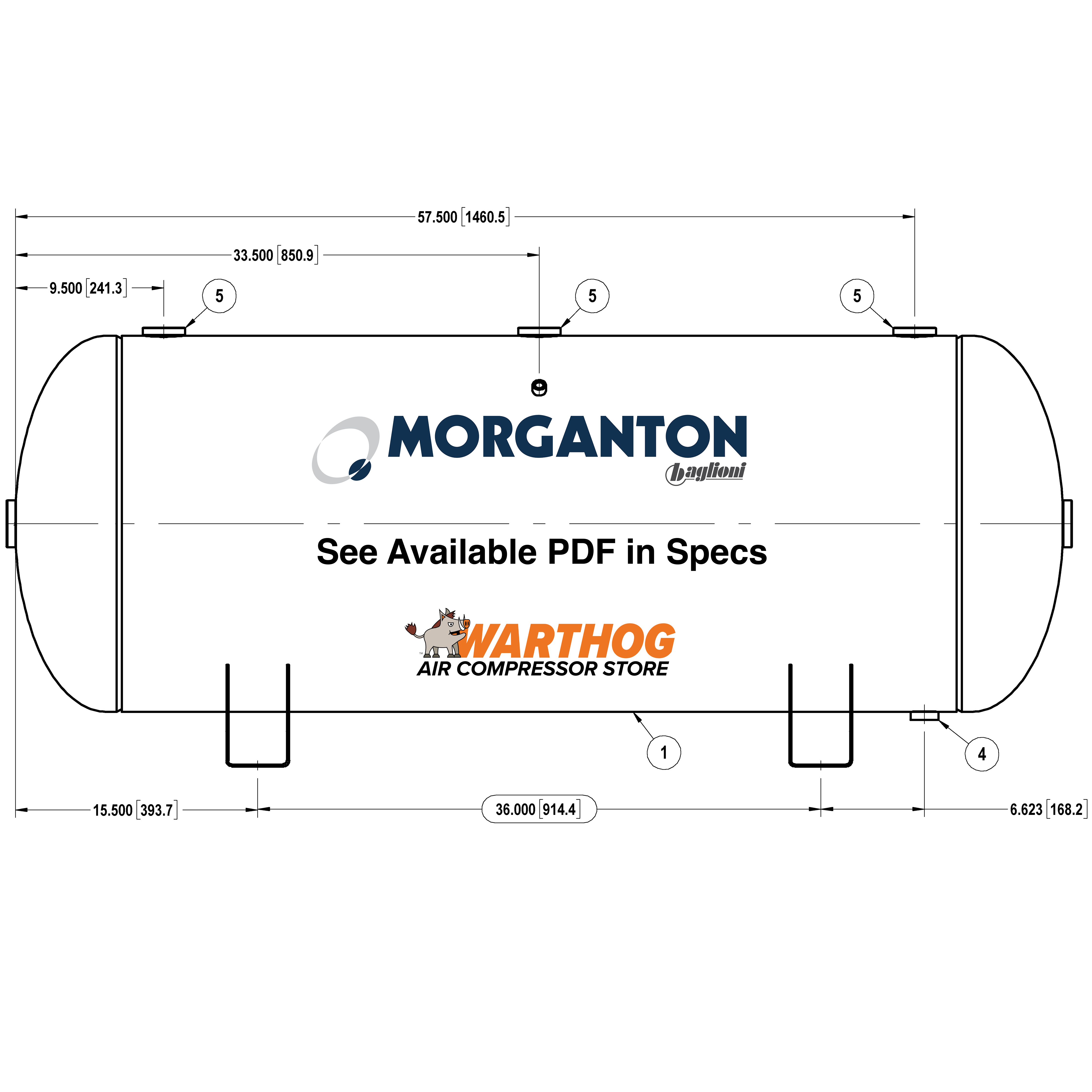 120 Gallon 200 PSI Horizontal Air Tank with Saddle by Morganton | VES04863
