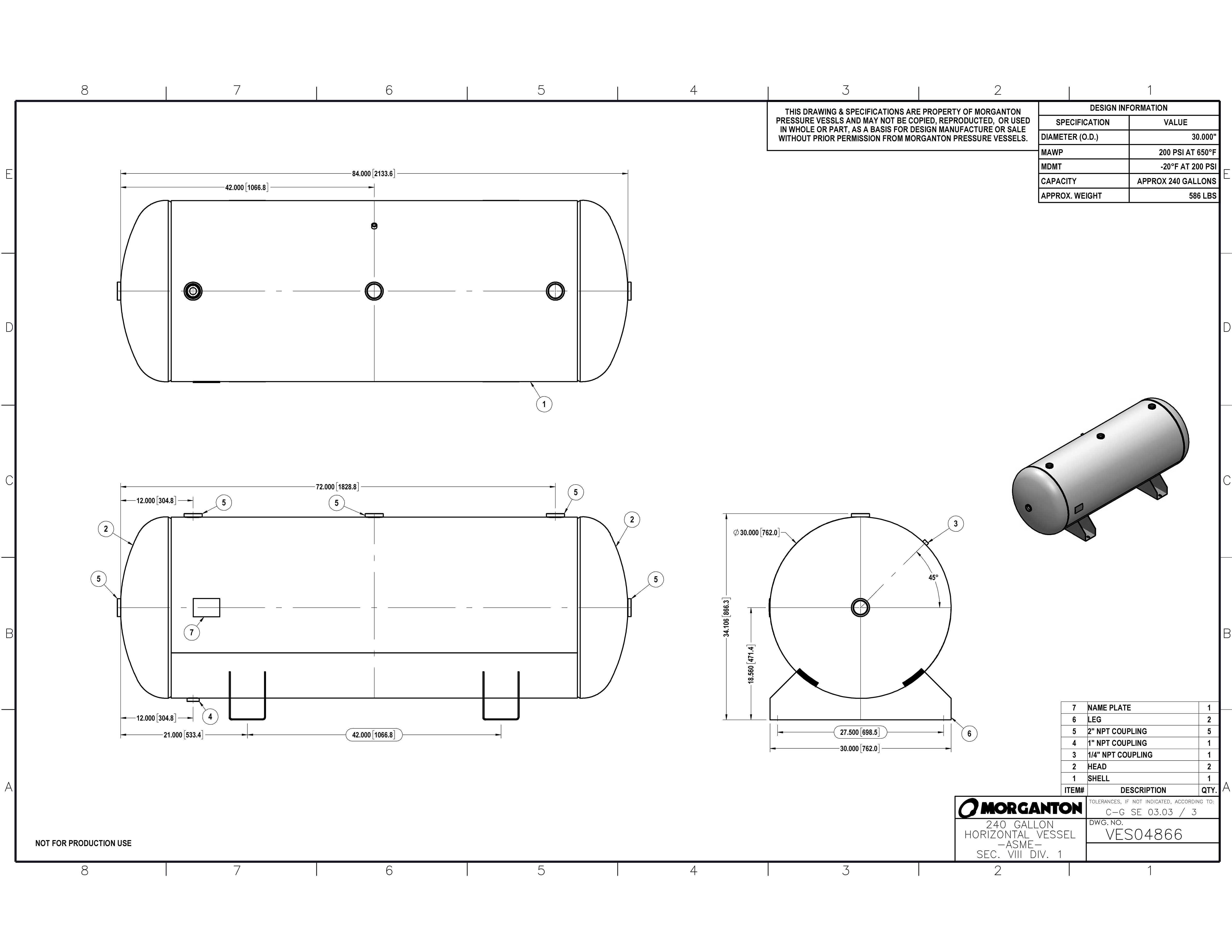 240 Gallon 200 PSI Horizontal Air Tank with Saddle by Morganton | VES04866