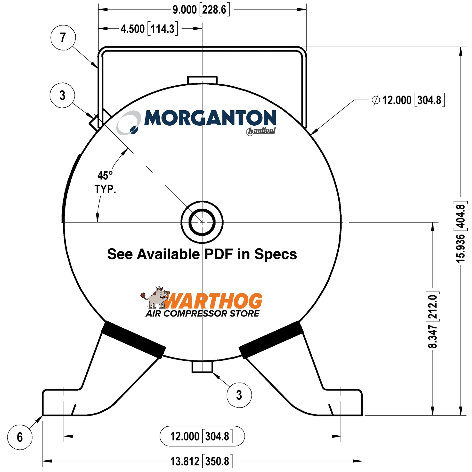 12 Gallon 200 PSI Horizontal Air Tank with Feet+Top plate by Morganton | VES05198 Morganton