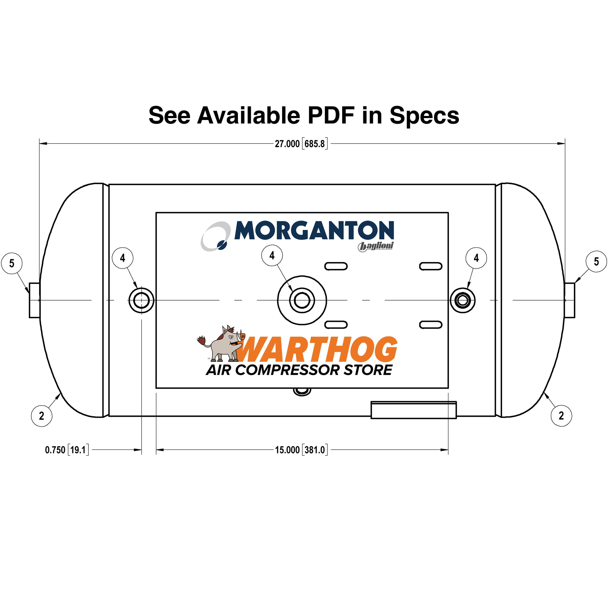 12 Gallon 200 PSI Horizontal Air Tank with Feet+Top plate by Morganton | VES05198 Morganton