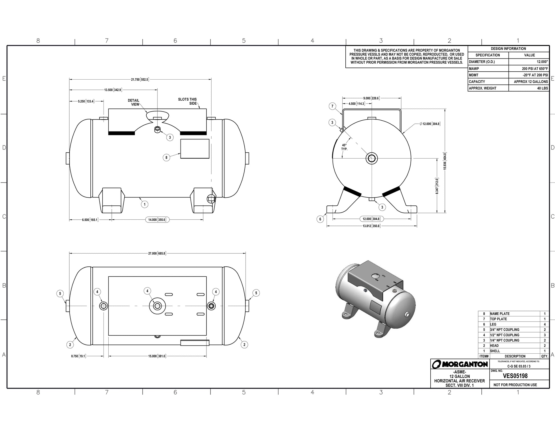 12 Gallon 200 PSI Horizontal Air Tank with Feet+Top plate by Morganton | VES05198 Morganton
