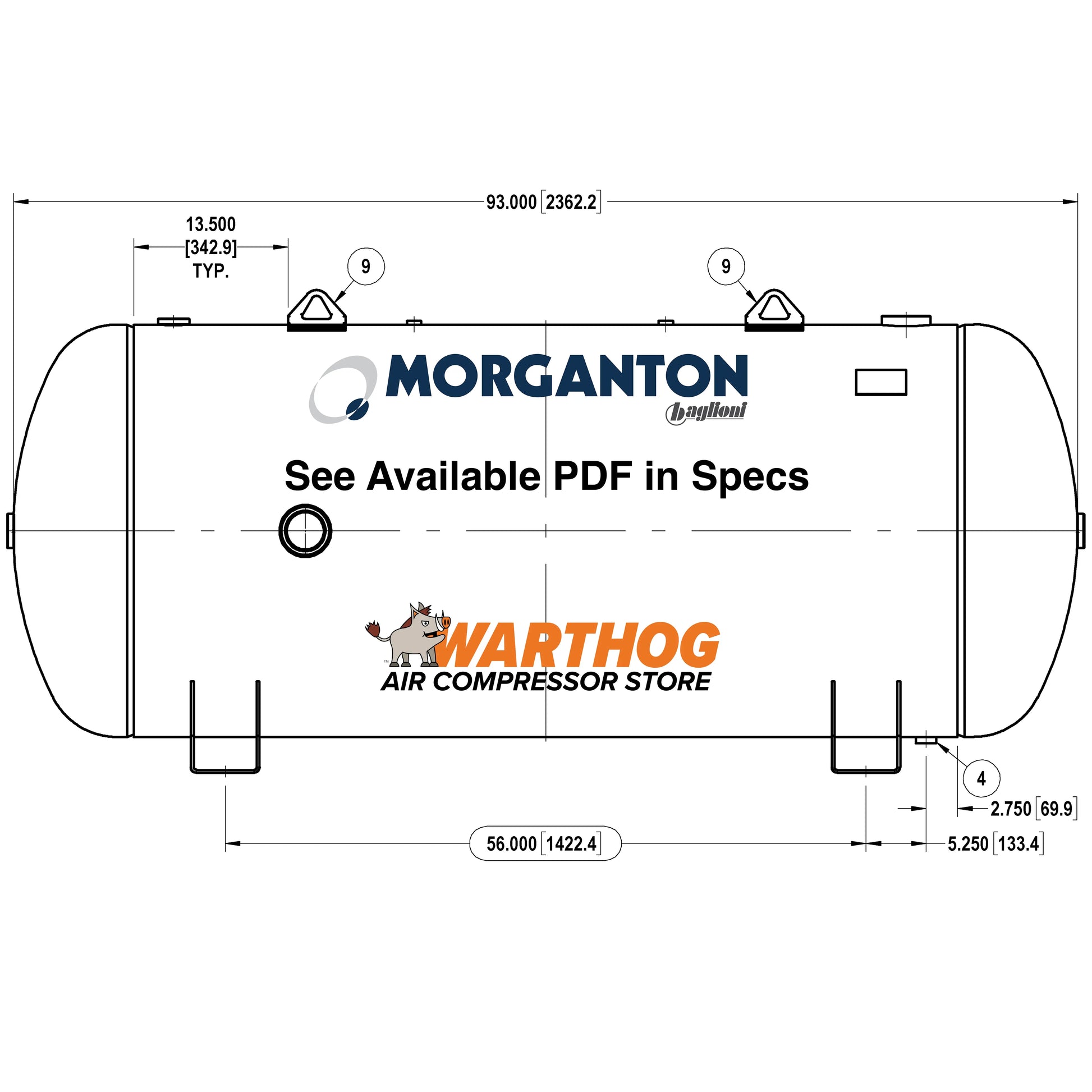 400 Gallon 200 PSI Horizontal Air Tank with Saddle by Morganton | VES09076 Morganton