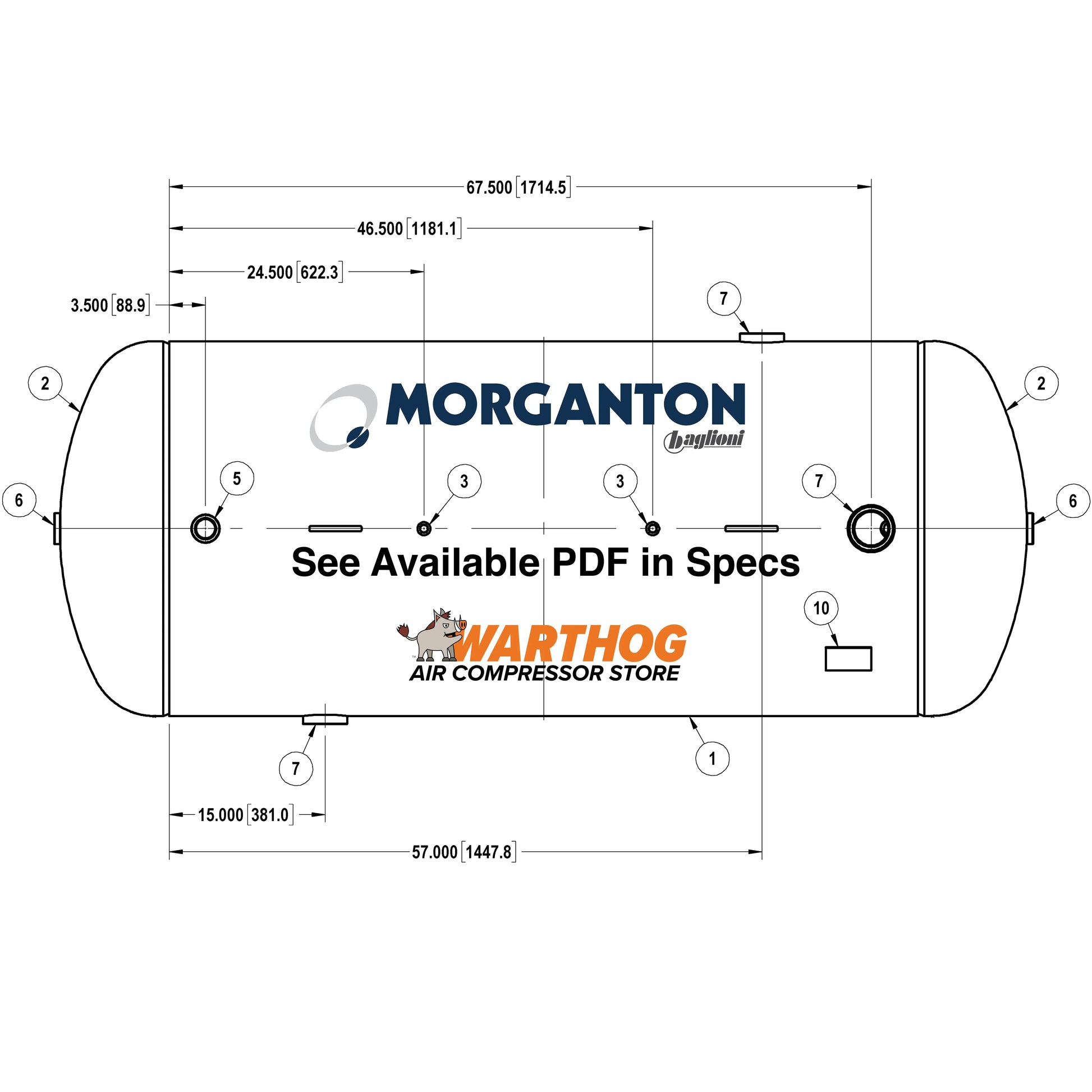 400 Gallon 200 PSI Horizontal Air Tank with Saddle by Morganton | VES09076 Morganton