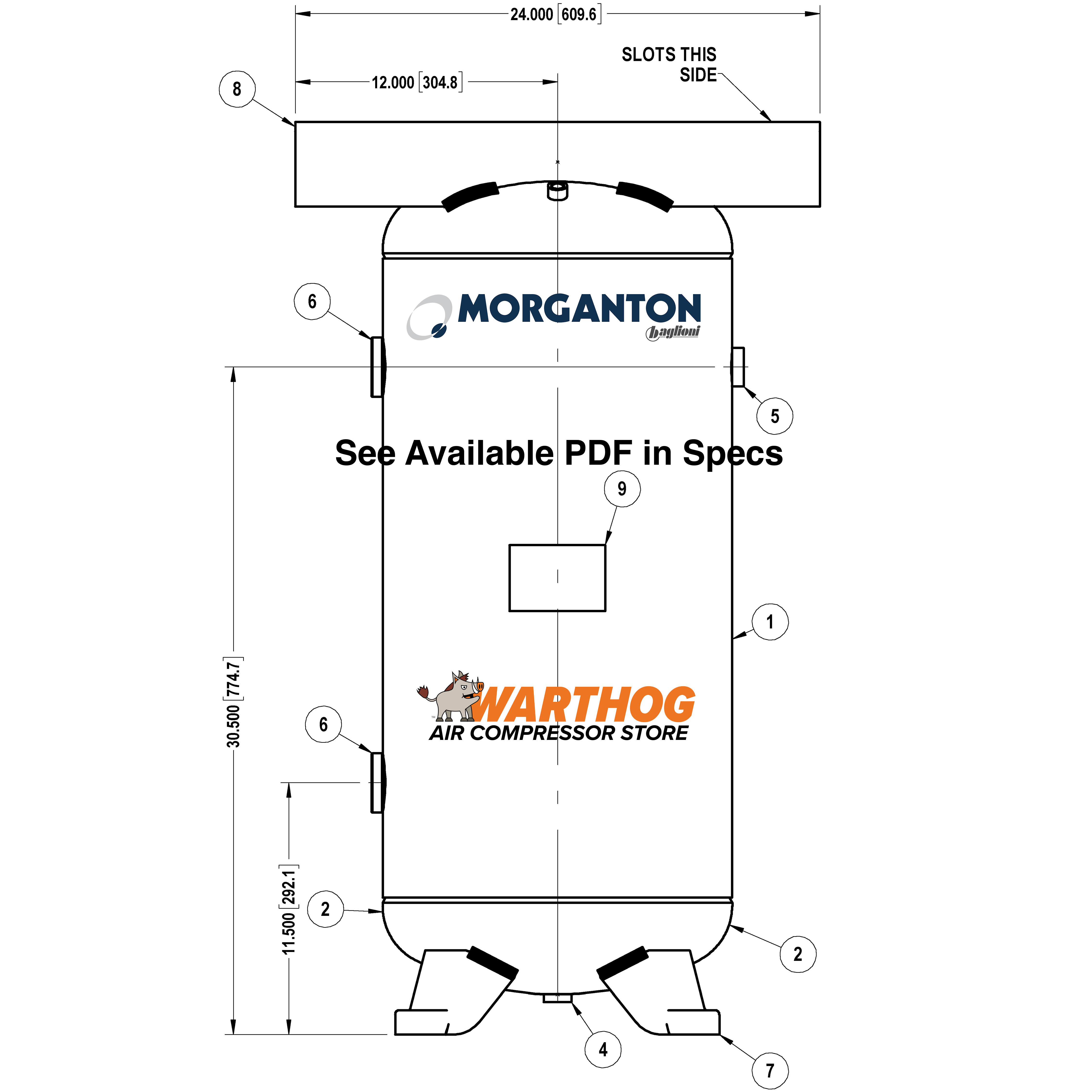 30 Gallon 200 PSI Vertical Air Tank with Feet+Top plate by Morganton | VES09121