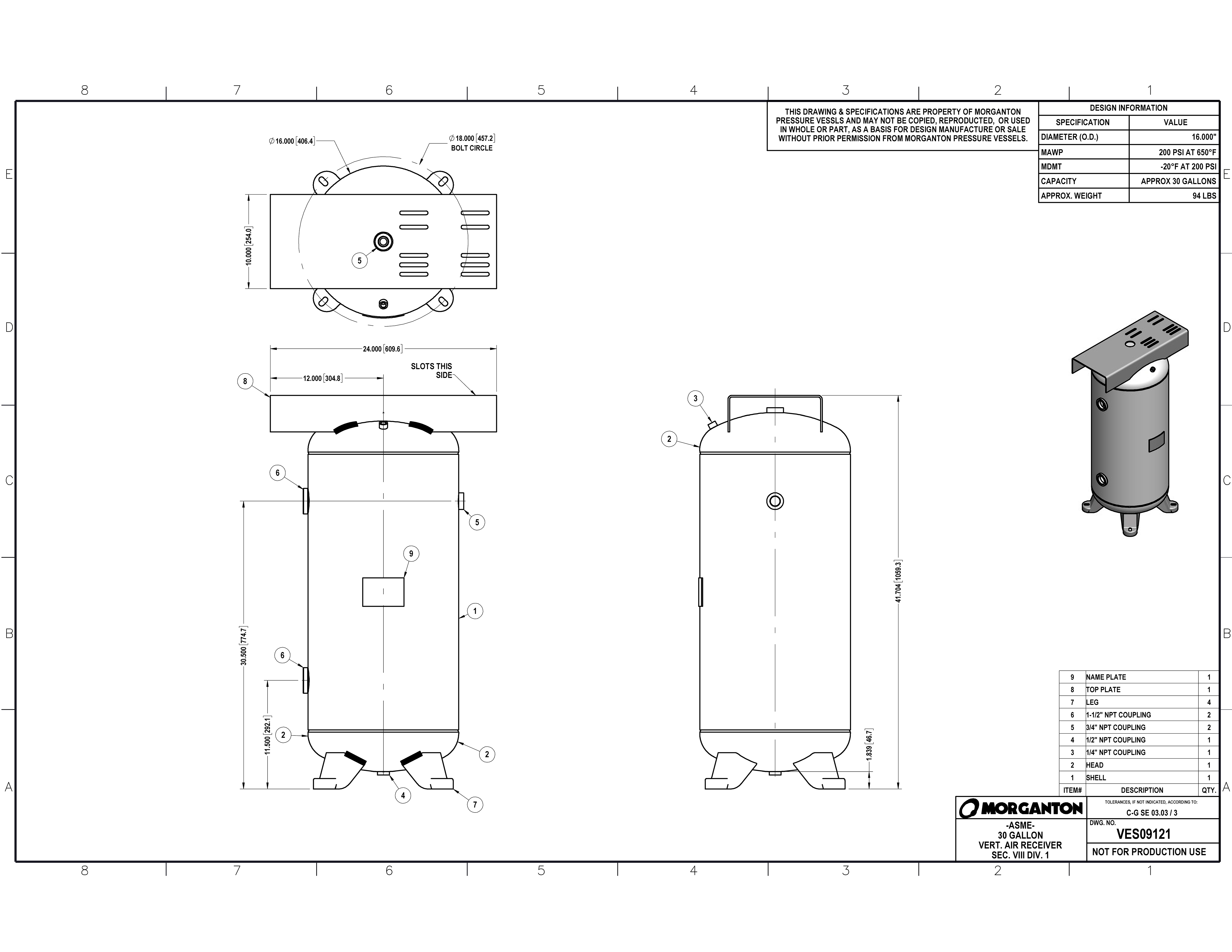 30 Gallon 200 PSI Vertical Air Tank with Feet+Top plate by Morganton | VES09121