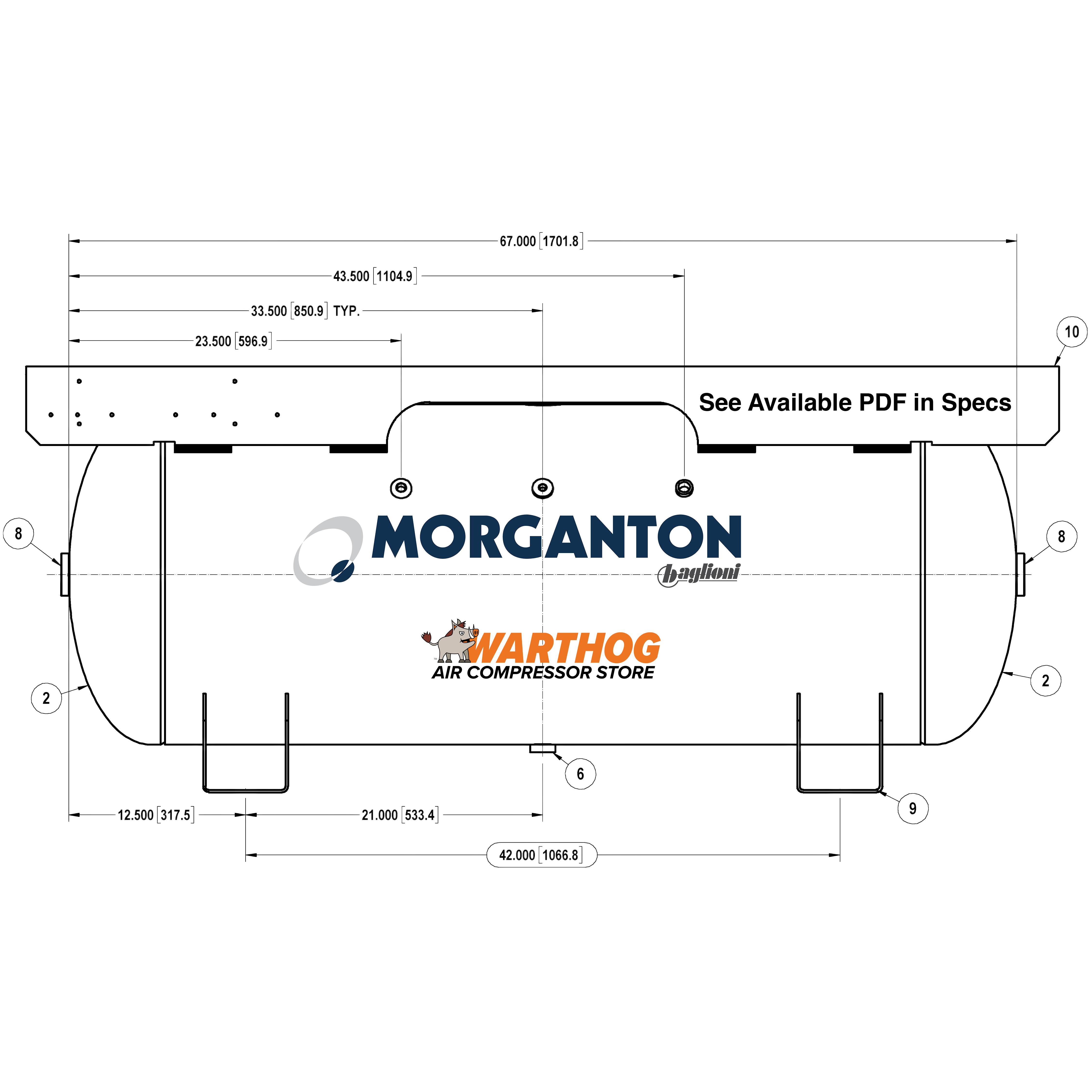 120 Gallon 200 PSI Horizontal Air Tank with Saddle+Extended Top plate by Morganton | VES09206
