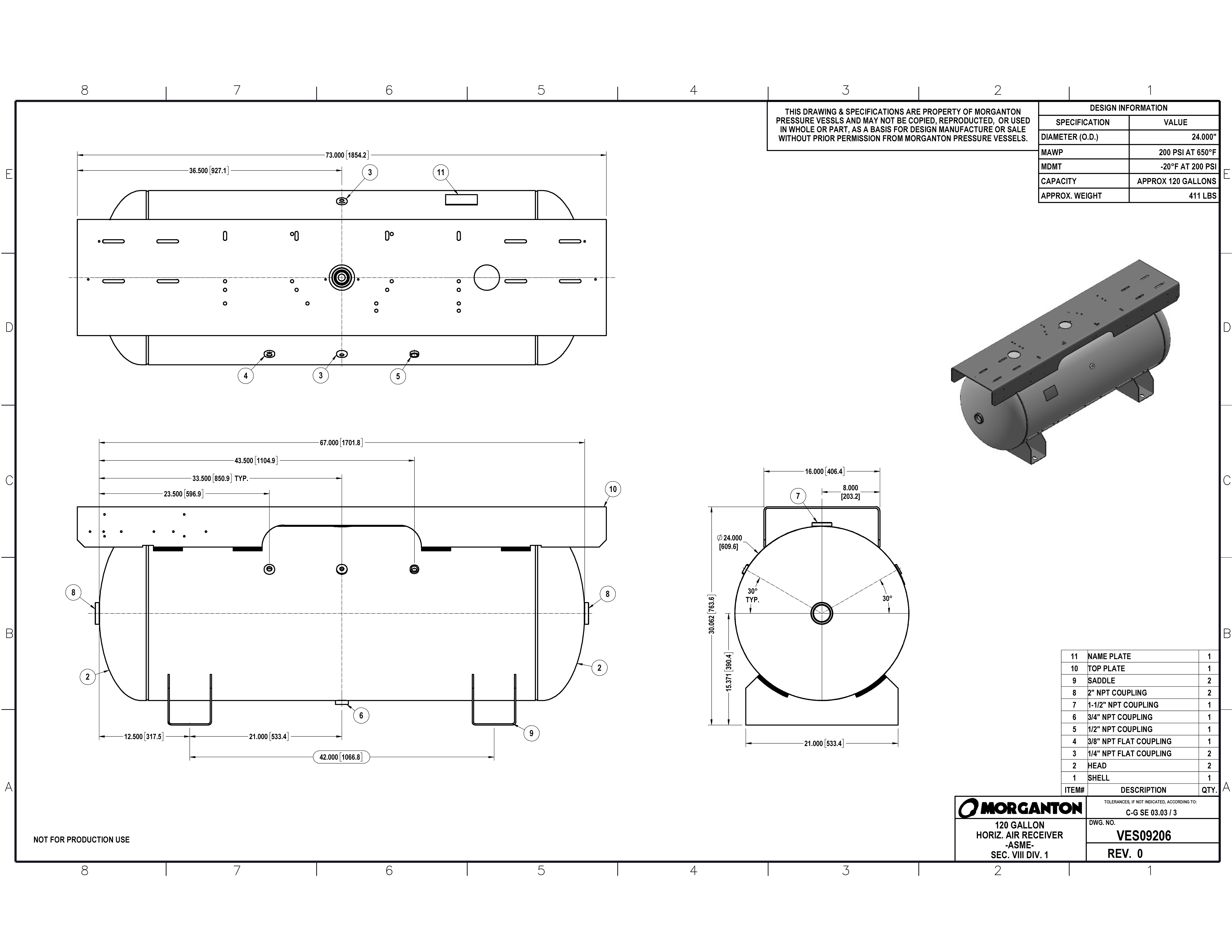 120 Gallon 200 PSI Horizontal Air Tank with Saddle+Extended Top plate by Morganton | VES09206
