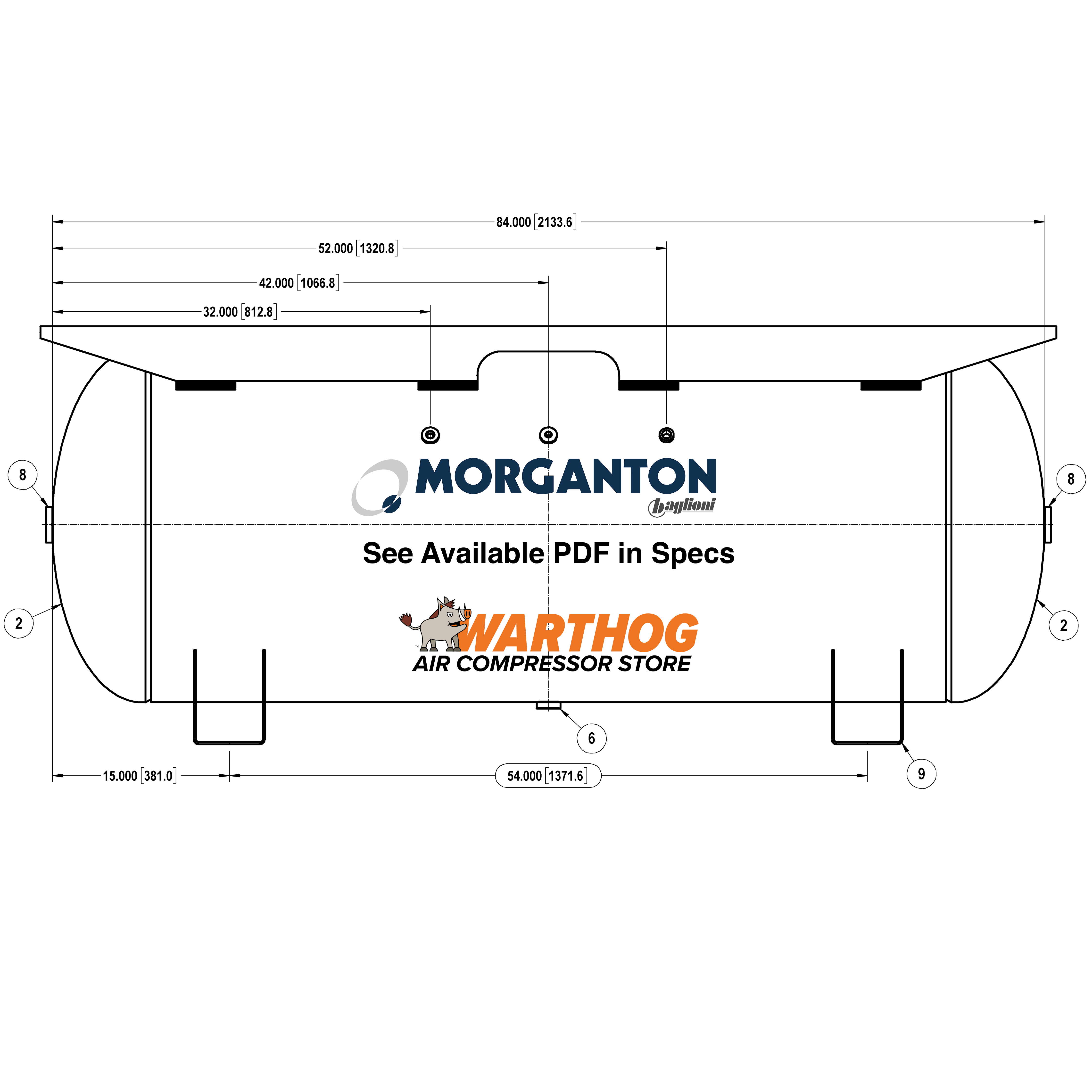 240 Gallon 200 PSI Horizontal Air Tank with Saddle+Extended Top plate by Morganton | VES09207