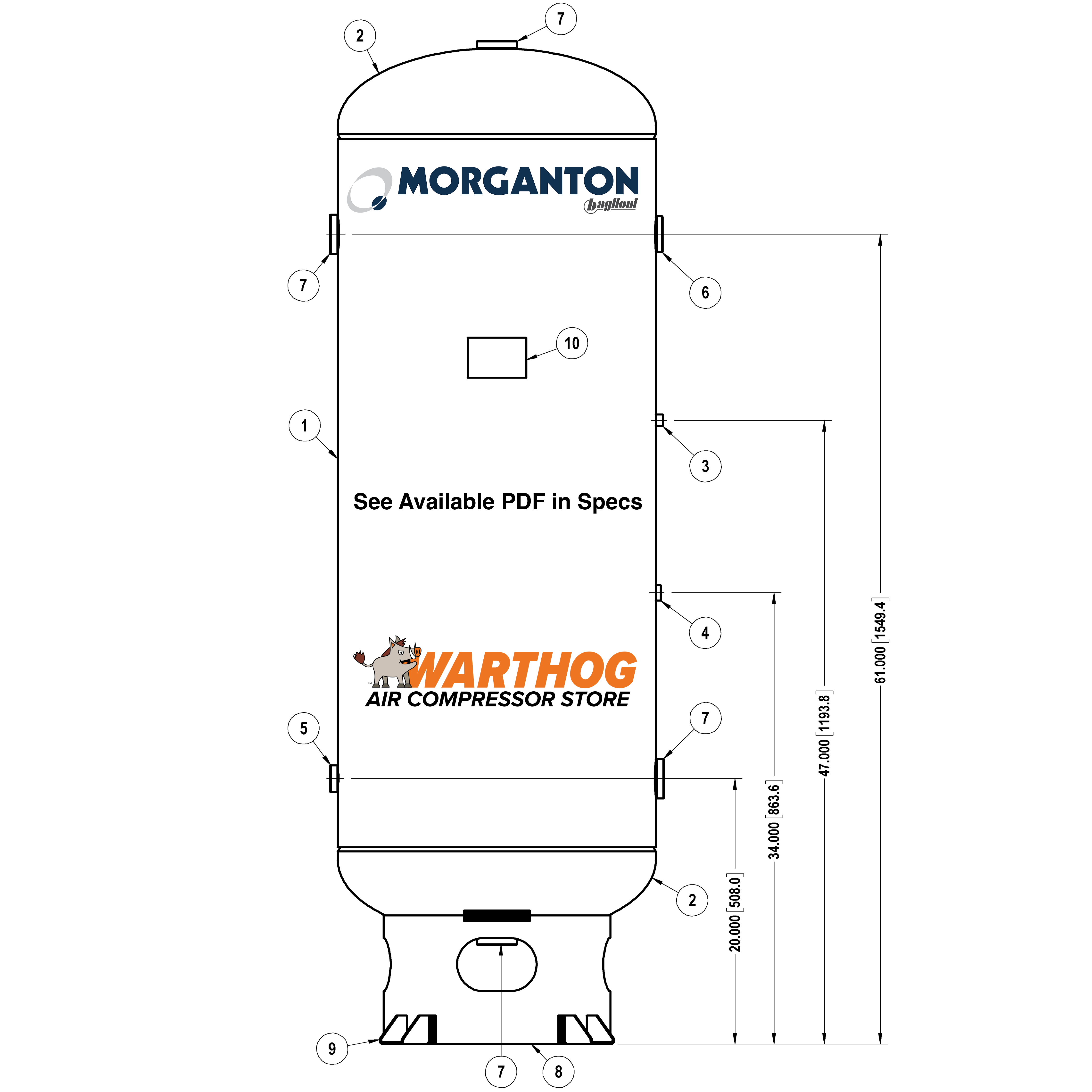 120 Gallon 200 PSI Vertical Air Tank with Base ring by Morganton | VES09299