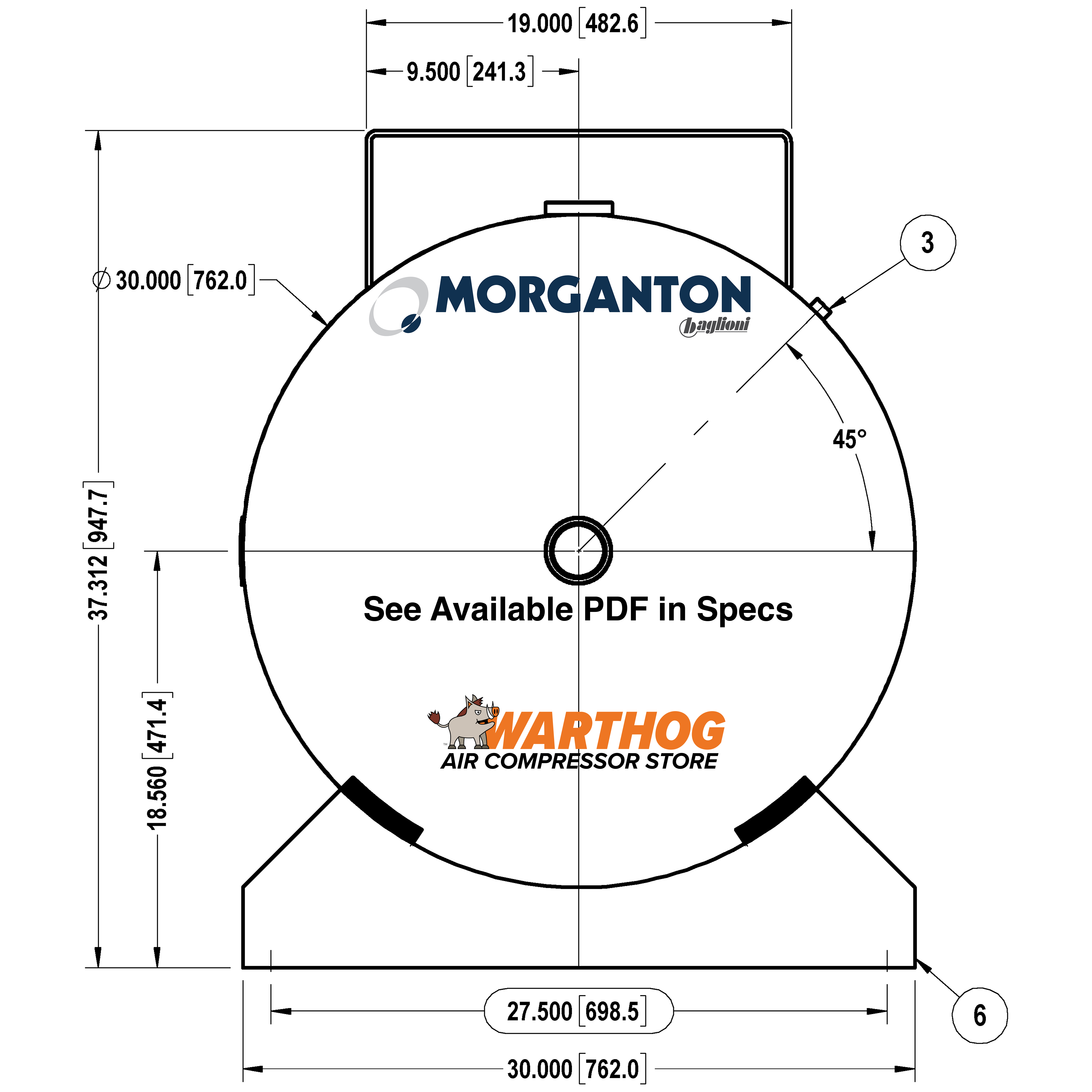 200 Gallon 200 PSI Horizontal Air Tank with Saddle+Top plate by Morganton | VES09300