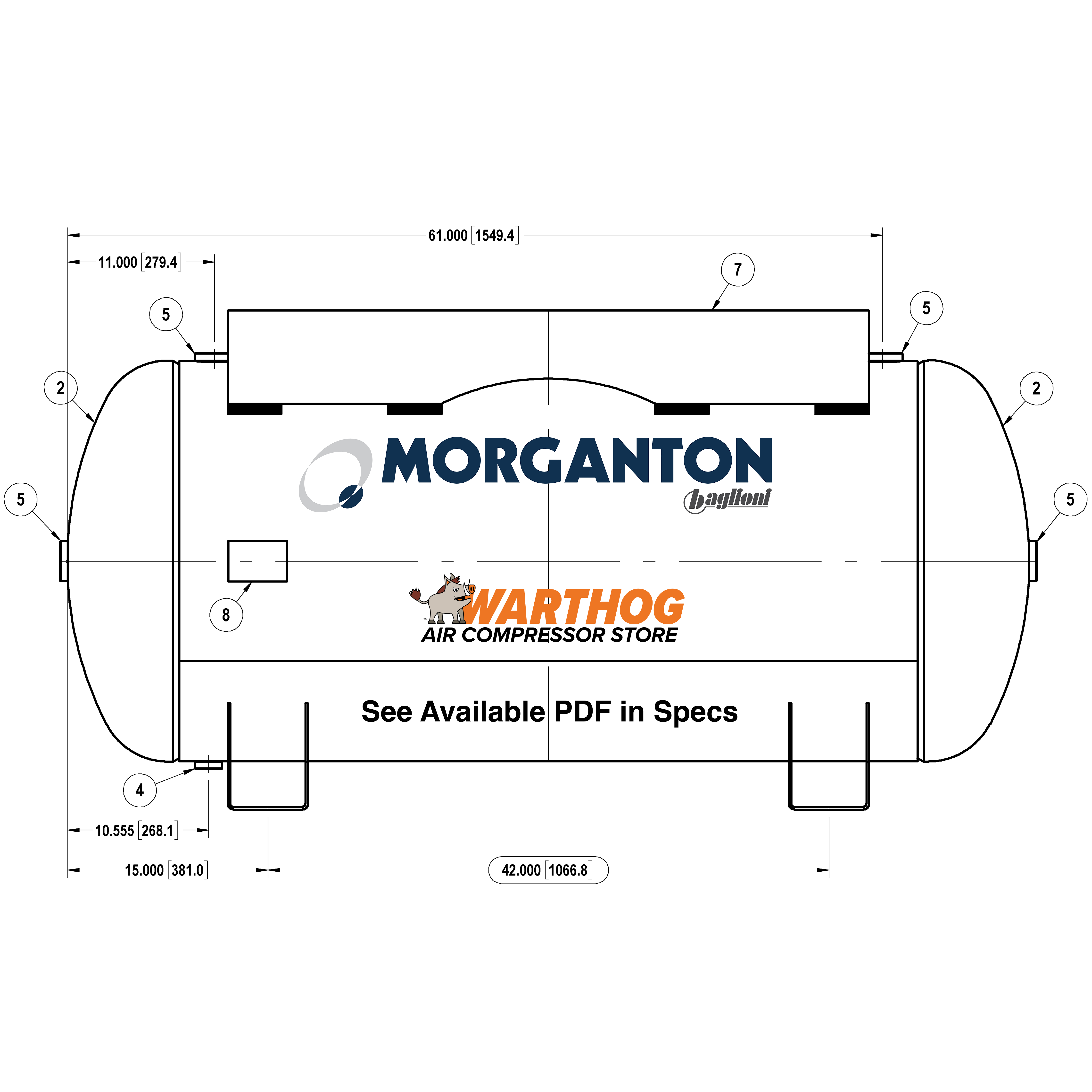 200 Gallon 200 PSI Horizontal Air Tank with Saddle+Top plate by Morganton | VES09300