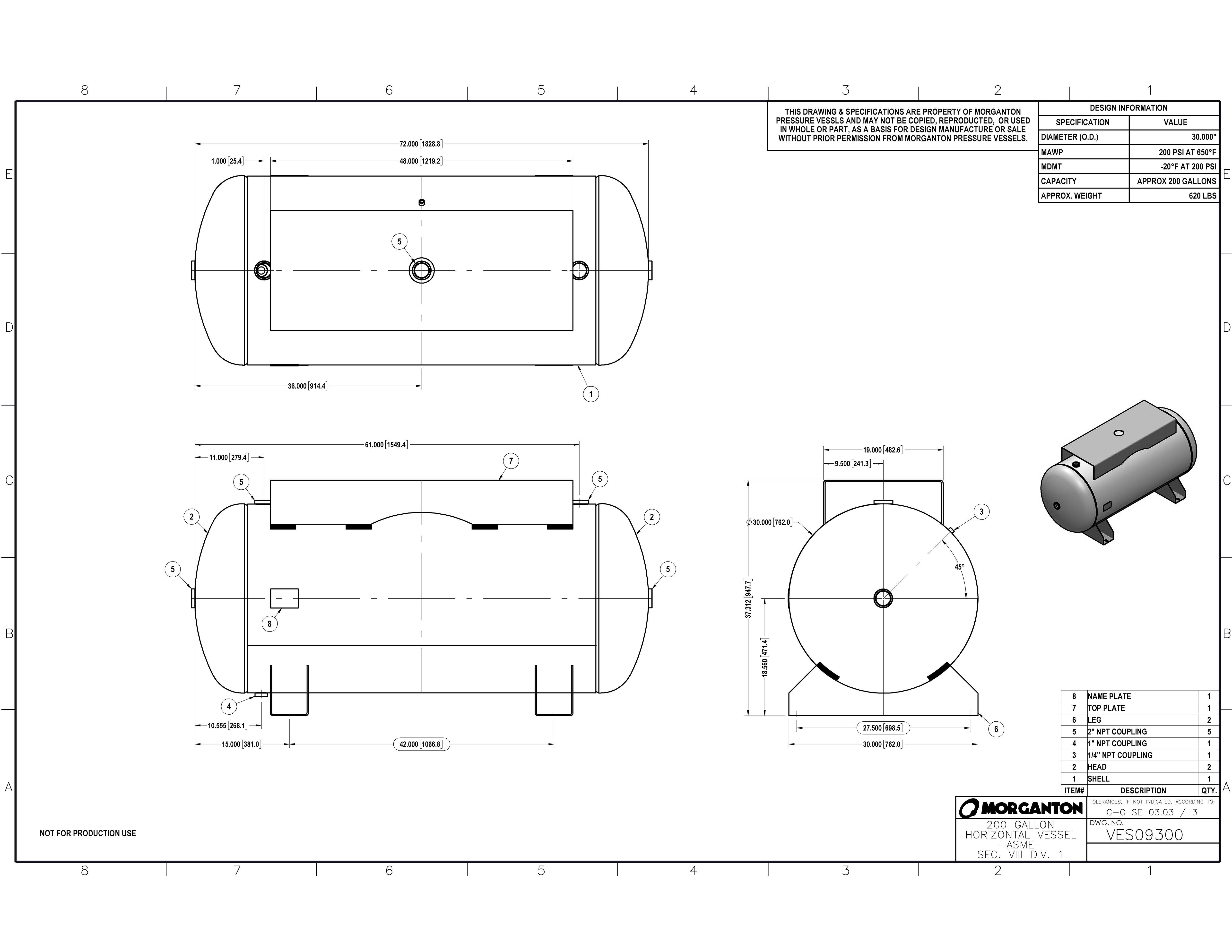 200 Gallon 200 PSI Horizontal Air Tank with Saddle+Top plate by Morganton | VES09300