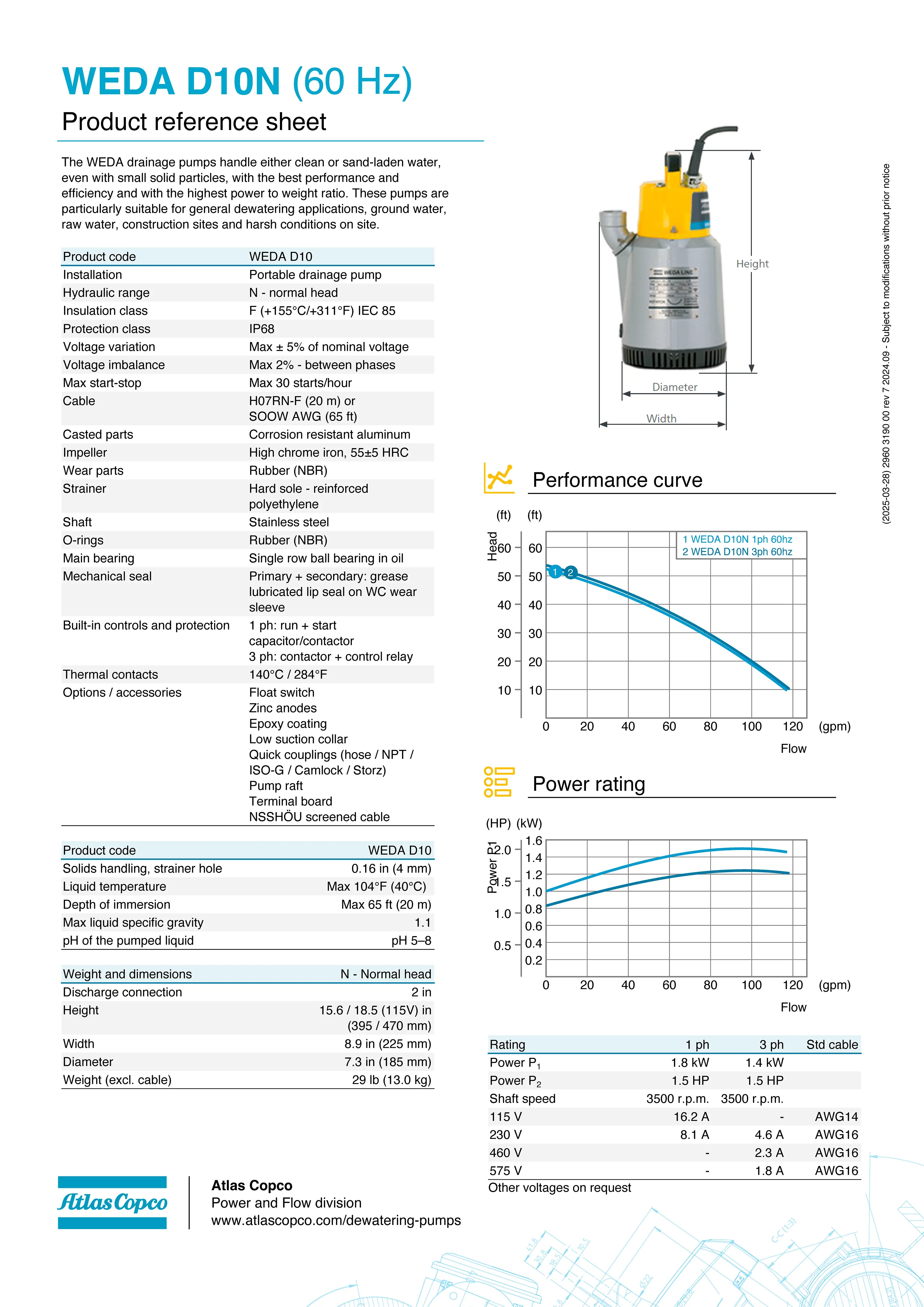 Submersible Pump - WEDA D10N 115V 60HZ 1 ~ CSA 2" NPT by Atlas Copco