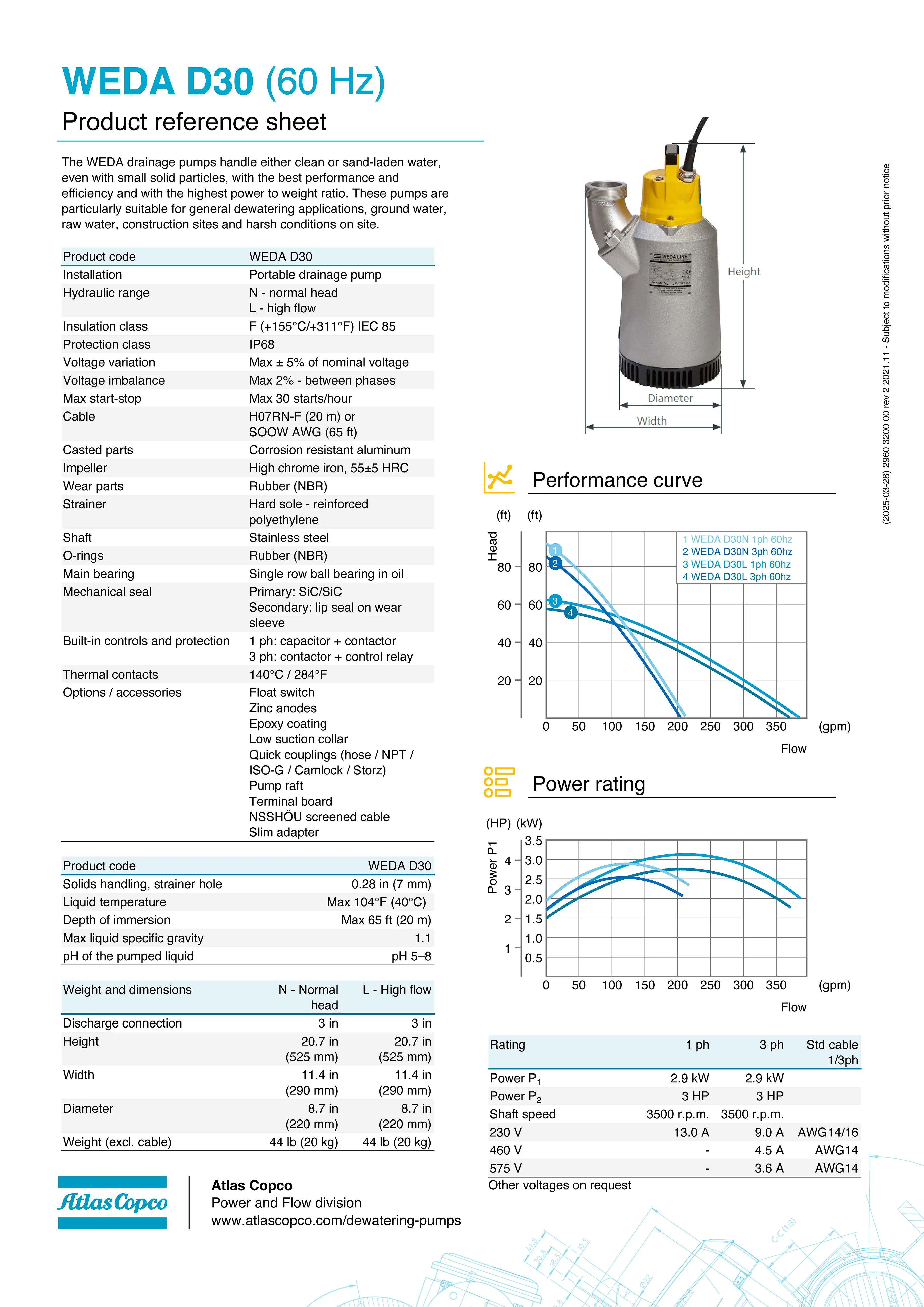 Submersible Pump - WEDA D30N 220-240VY// 60HZ CSA 3" NPT by Atlas Copco