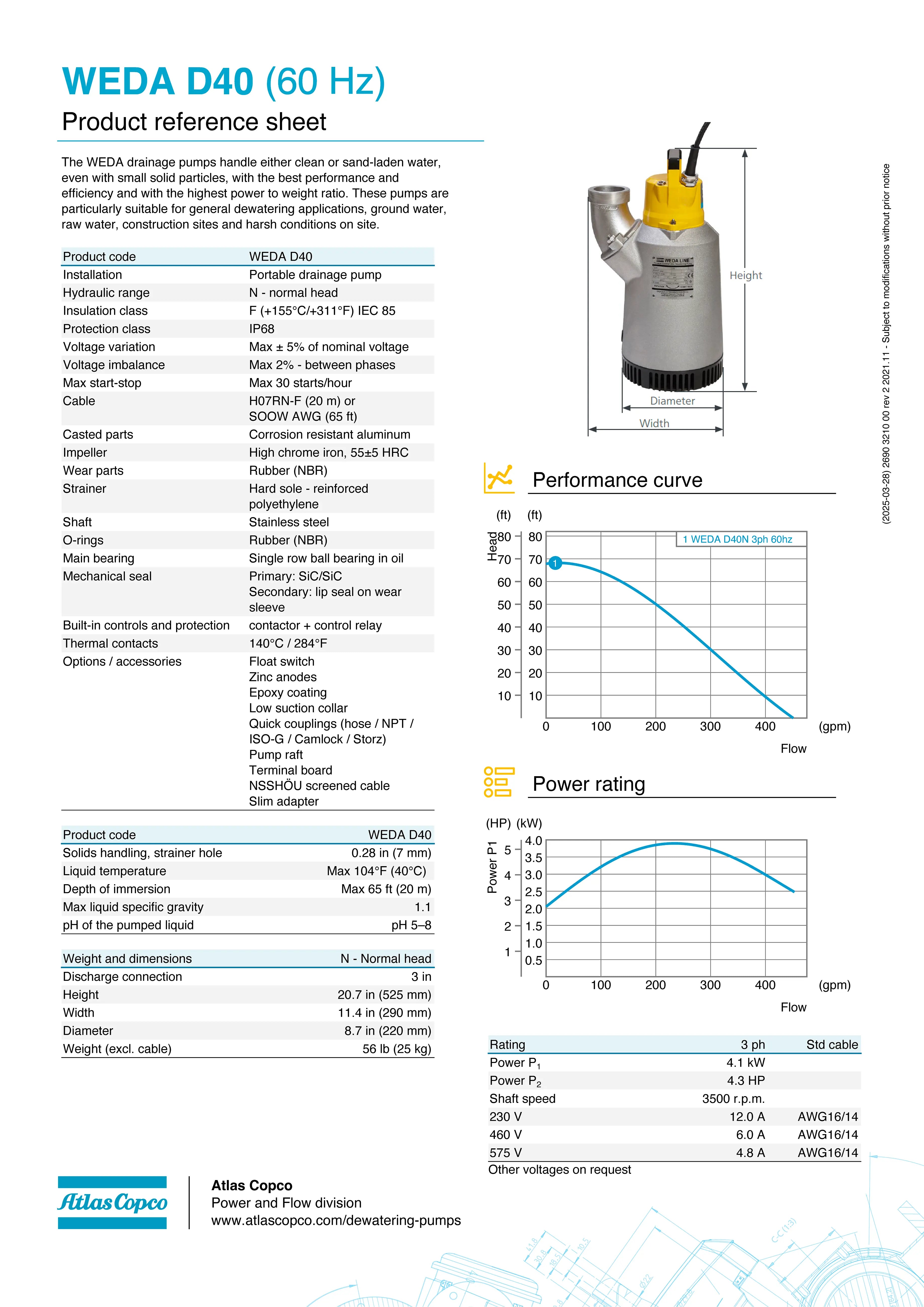 Submersible Pump - WEDA D40N 460V YSER 60HZ CSA 3"NPT by Atlas Copco
