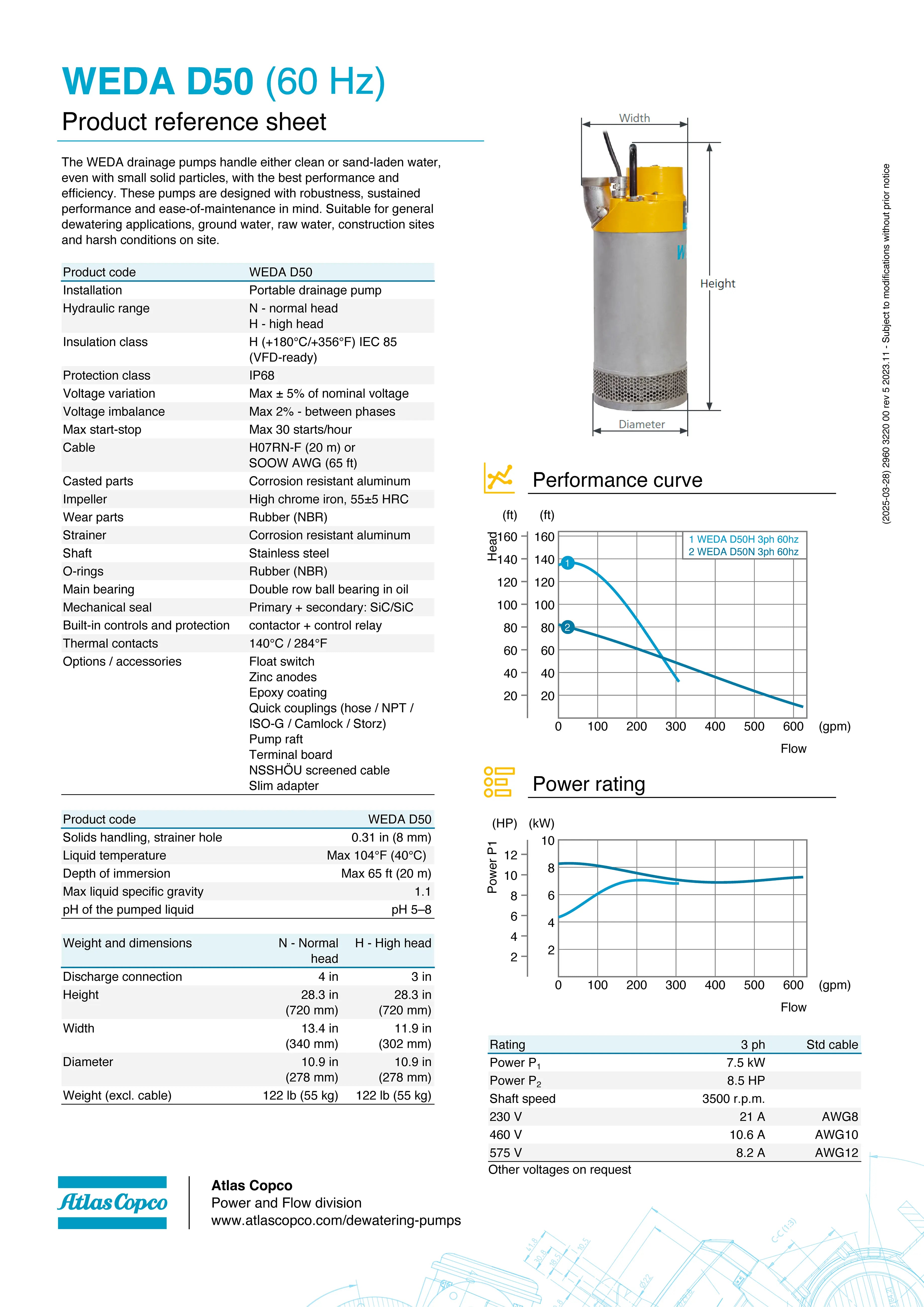 Submersible Pump WEDA D50H 460V YSER 60HZ CSA 3"NPT by Atlas Copco