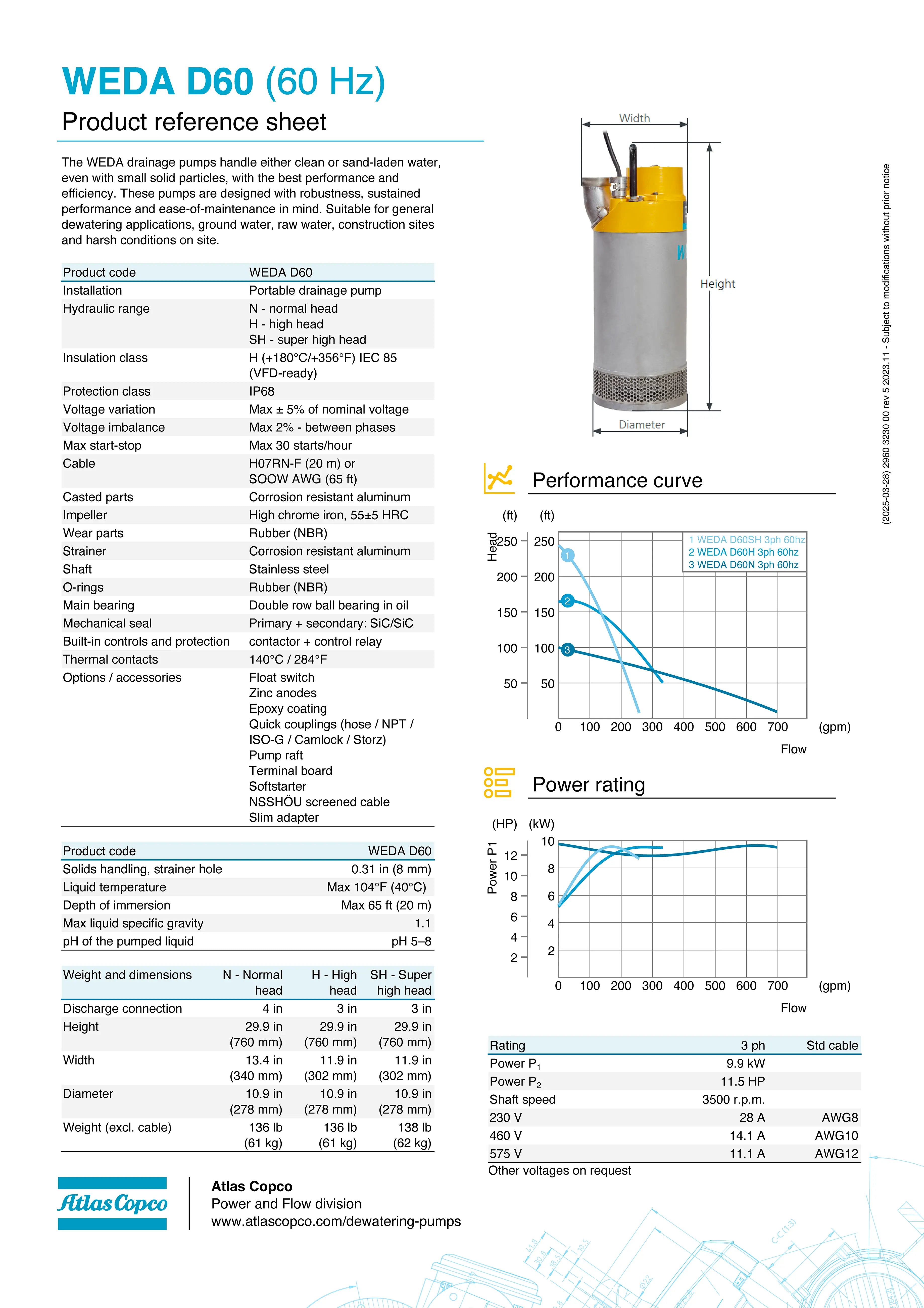 Submersible Pump - WEDA D60N 460V YSER 60HZ CSA 4"NPT by Atlas Copco